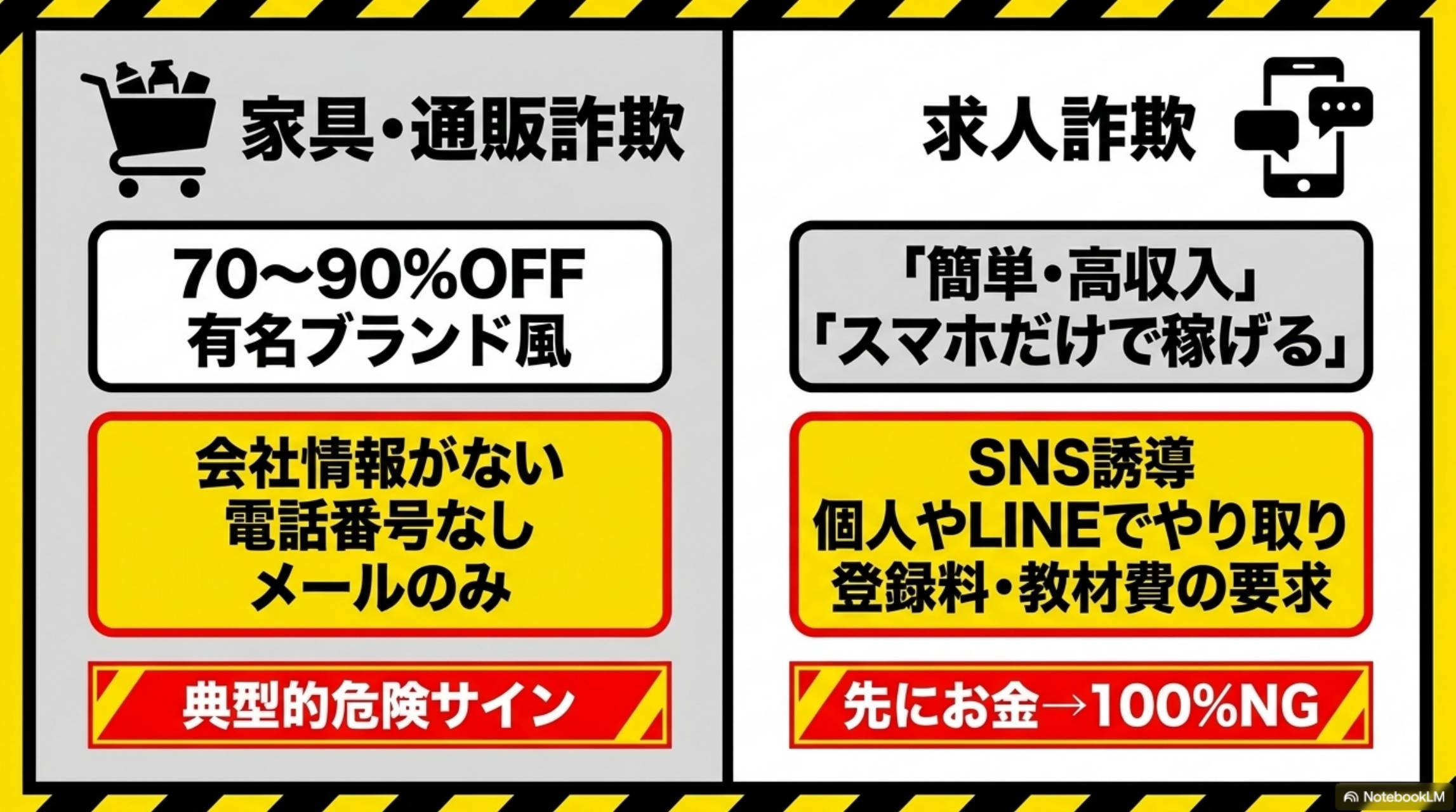家具・通販詐欺と求人詐欺の見抜き方。家具・通販詐欺：70〜90%OFF有名ブランド風→会社情報がない・電話番号なし・メールのみ→典型的危険サイン。求人詐欺：簡単高収入スマホだけで稼げる→SNS誘導・個人やLINEでやり取り・登録料教材費の要求→先にお金100%NG。