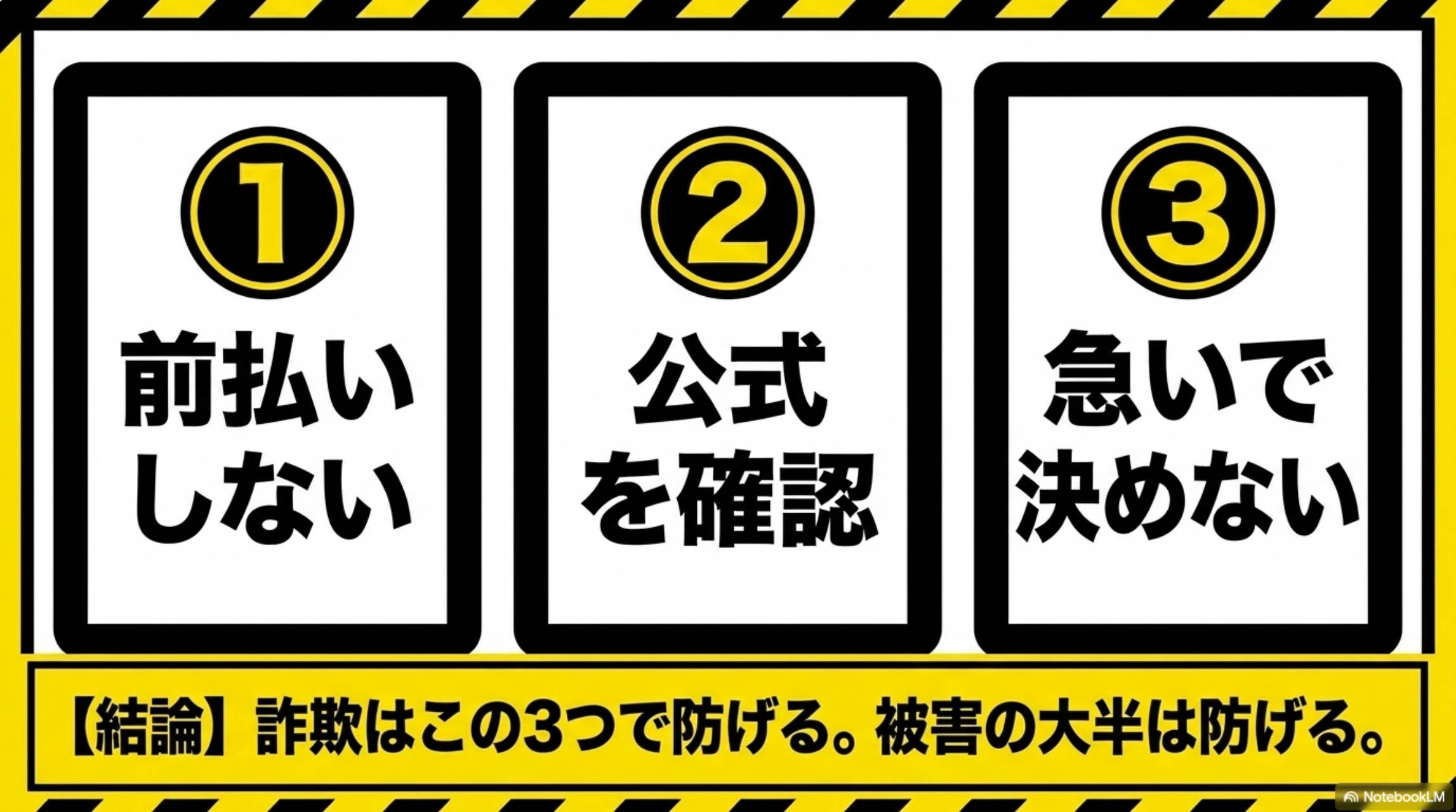 結論。詐欺はこの3つで防げる。①前払いしない ②公式を確認 ③急いで決めない。被害の大半は防げる。
