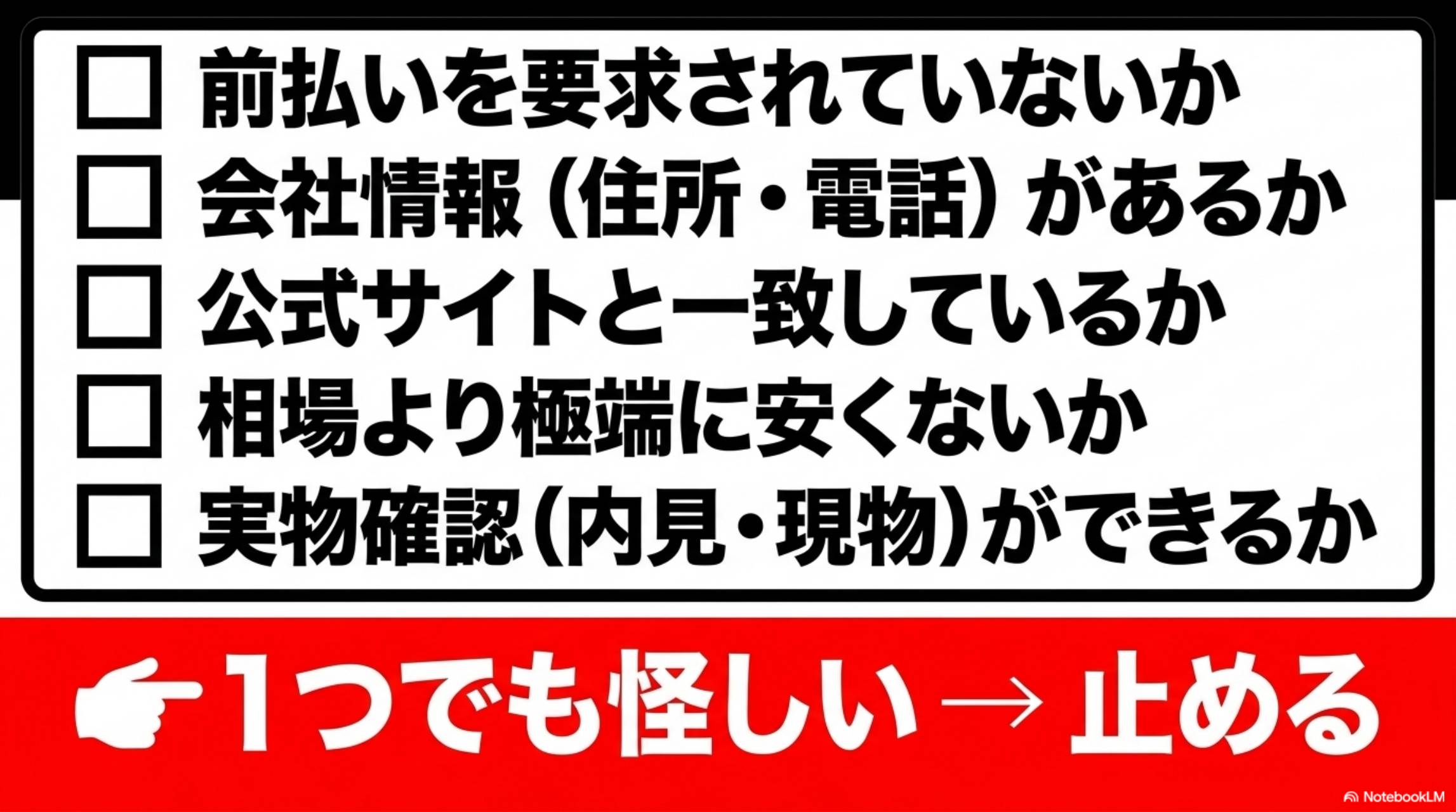 詐欺回避チェックリスト。前払いを要求されていないか・会社情報（住所・電話）があるか・公式サイトと一致しているか・相場より極端に安くないか・実物確認（内見・現物）ができるか。1つでも怪しい→止める。