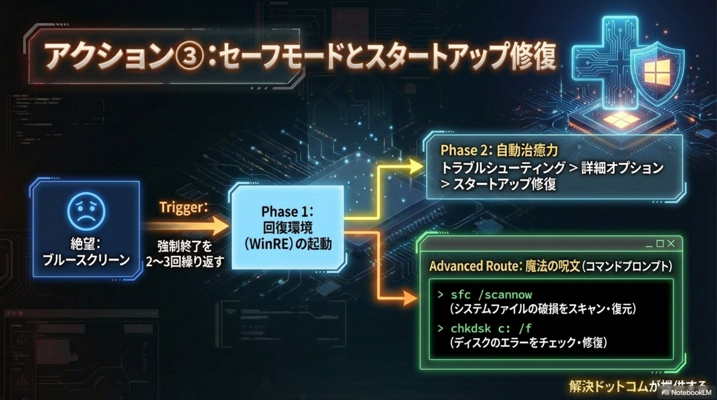 アクション3：セーフモードとスタートアップ修復