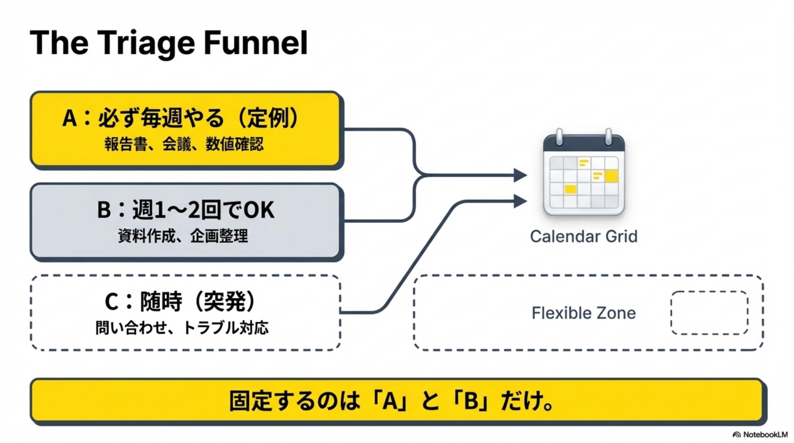 The Triage Funnel：A=定例週次、B=週1〜2回、C=随時突発。固定するのはAとBだけ。