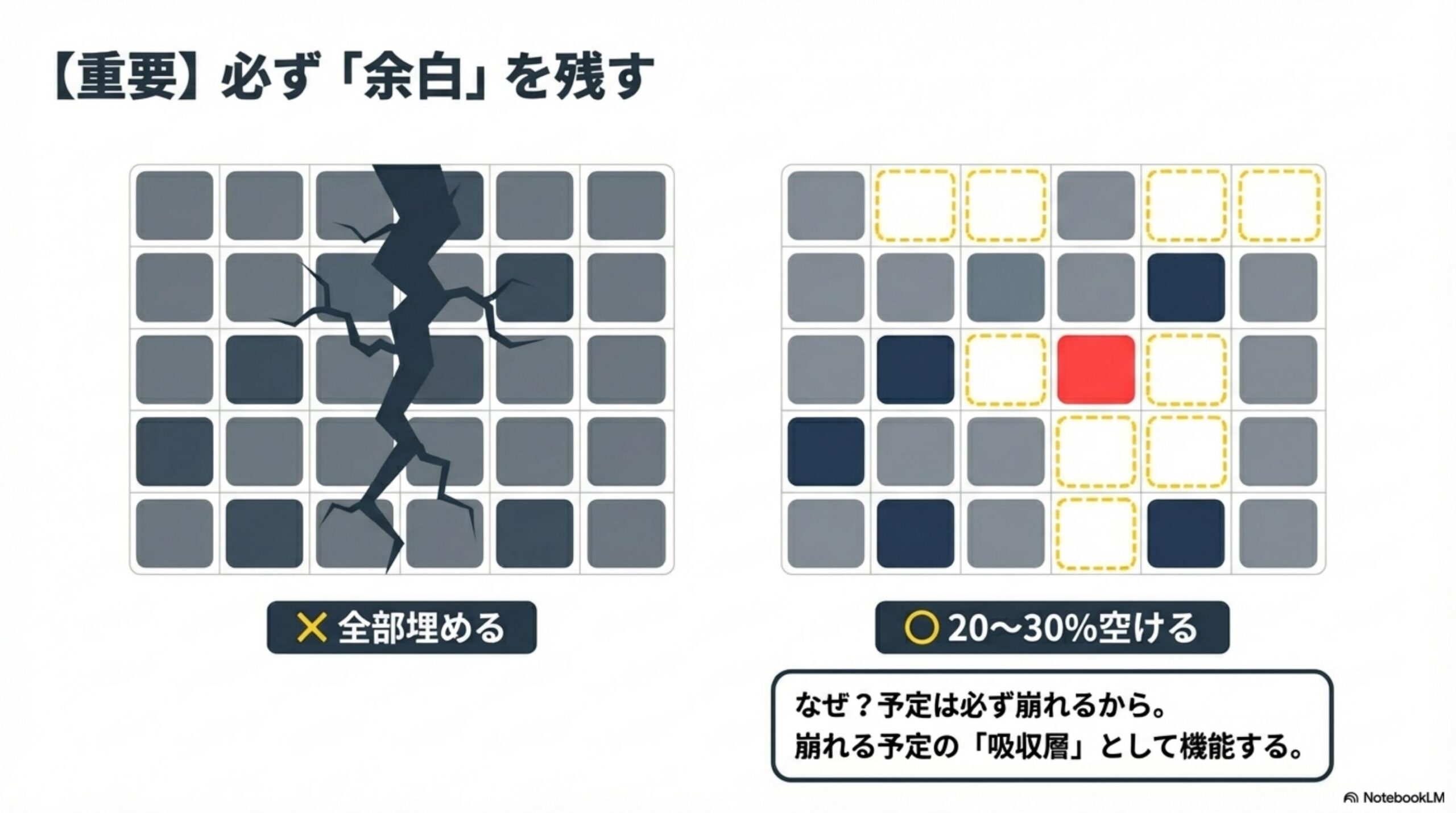重要：必ず余白を残す。×全部埋める vs ○20〜30%空ける。崩れる予定の吸収層として機能する。