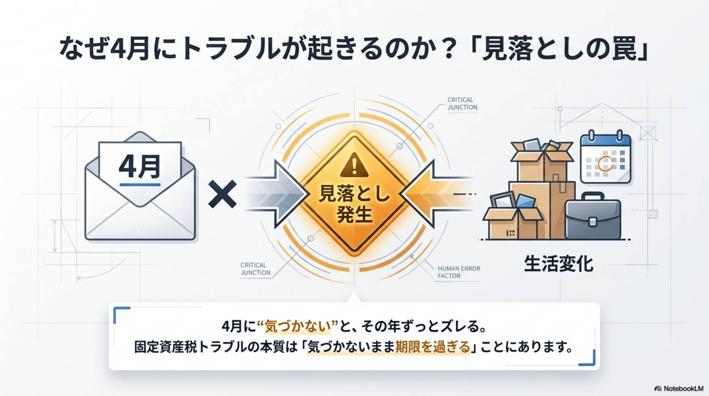 なぜ4月にトラブルが起きるのか？見落としの罠。4月×生活変化→見落とし発生。4月に気づかないとその年ずっとズレる。固定資産税トラブルの本質は気づかないまま期限を過ぎることにあります
