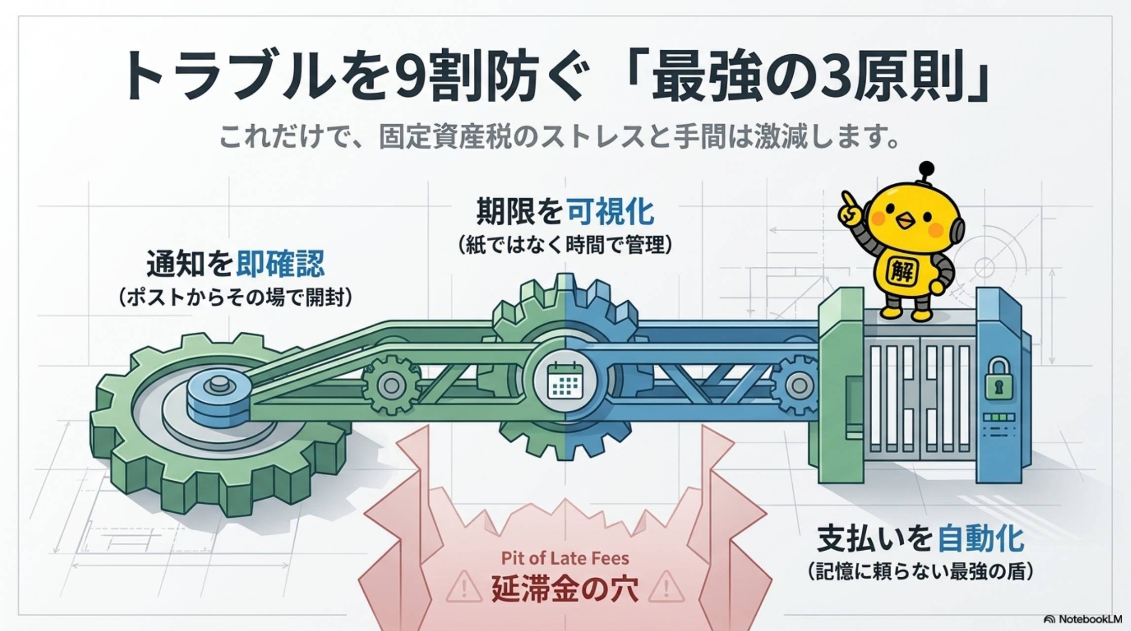 トラブルを9割防ぐ最強の3原則。通知を即確認（ポストからその場で開封）→期限を可視化（紙ではなく時間で管理）→支払いを自動化（記憶に頼らない最強の盾）。延滞金の穴を防ぐ3つのギア