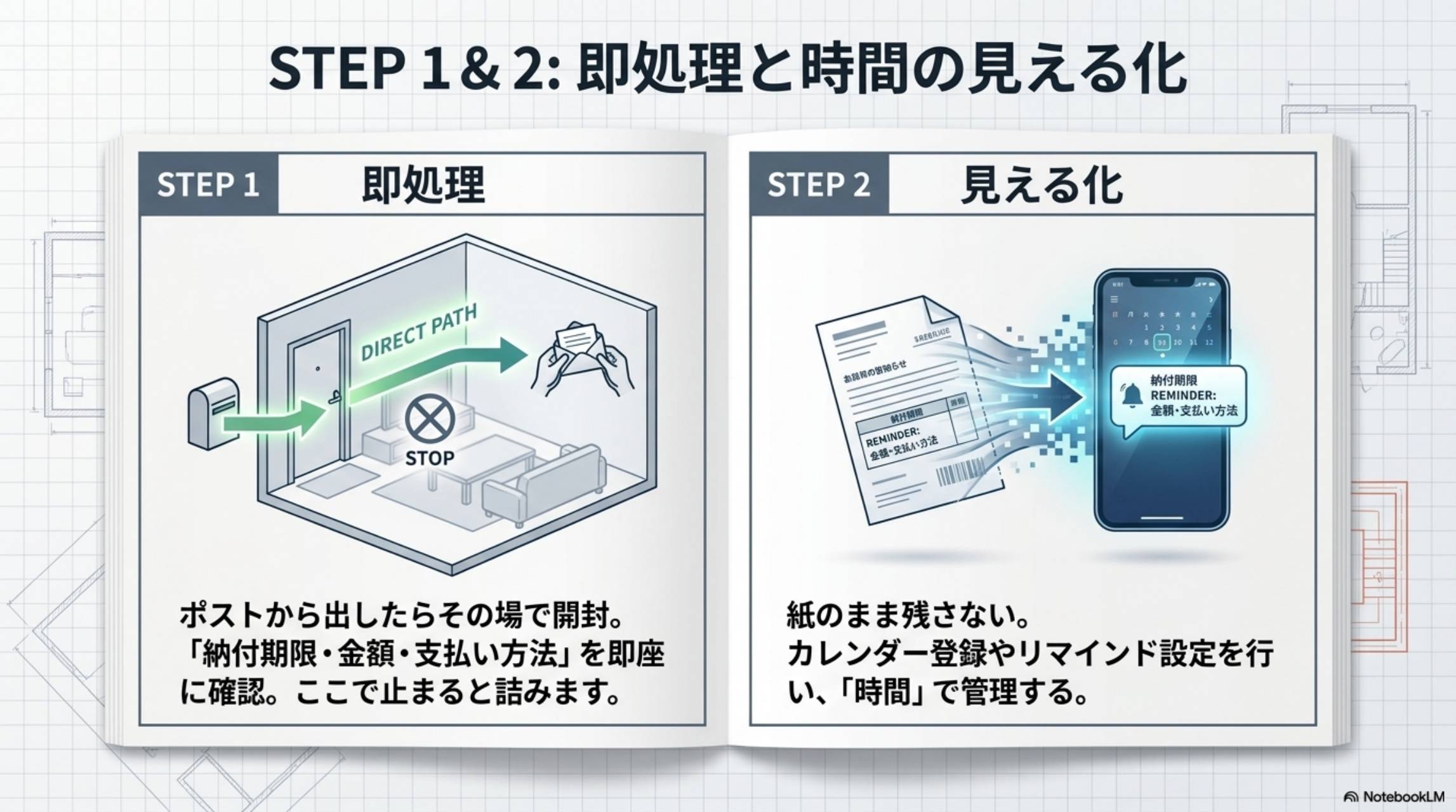 STEP1：即処理。ポストから出したらその場で開封。納付期限・金額・支払い方法を即座に確認。ここで止まると詰みます。STEP2：見える化。紙のまま残さない。カレンダー登録やリマインド設定を行い時間で管理する