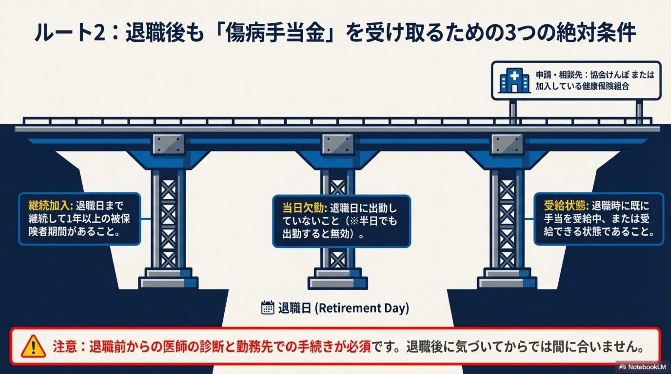 ルート2 退職後も傷病手当金を受け取るための3つの絶対条件