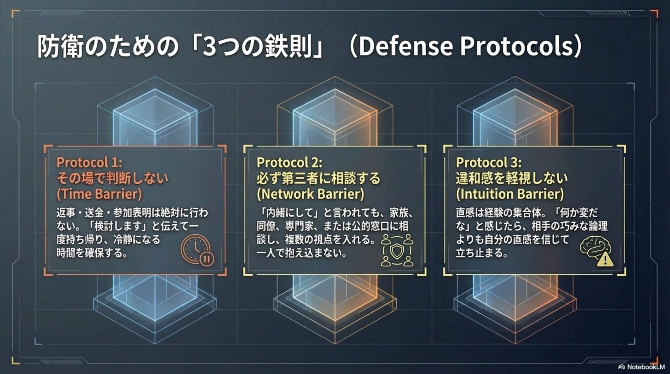 防衛の3つの鉄則：その場で判断しない・第三者に相談・違和感を軽視しない