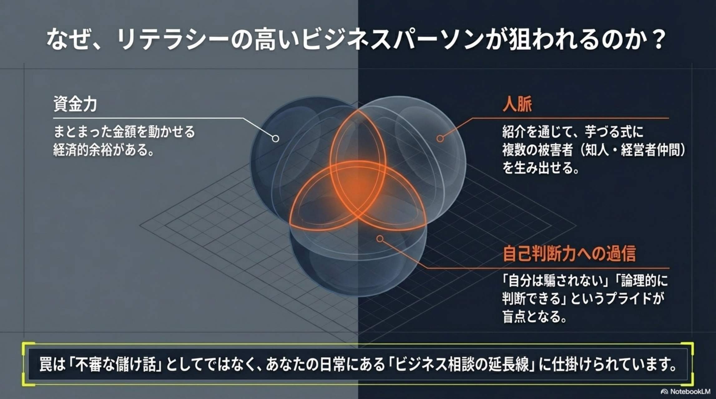 リテラシーの高いビジネスパーソンが狙われる3つの理由：資金力・人脈・自己判断力への過信