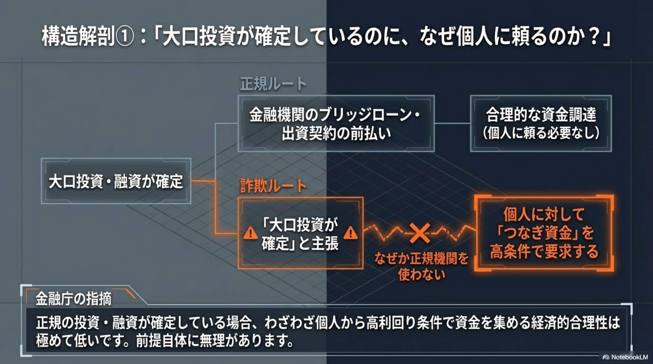 投資詐欺の典型構造：①海外事業 ②投資決定 ③着金待ち ④短期間・高利回り