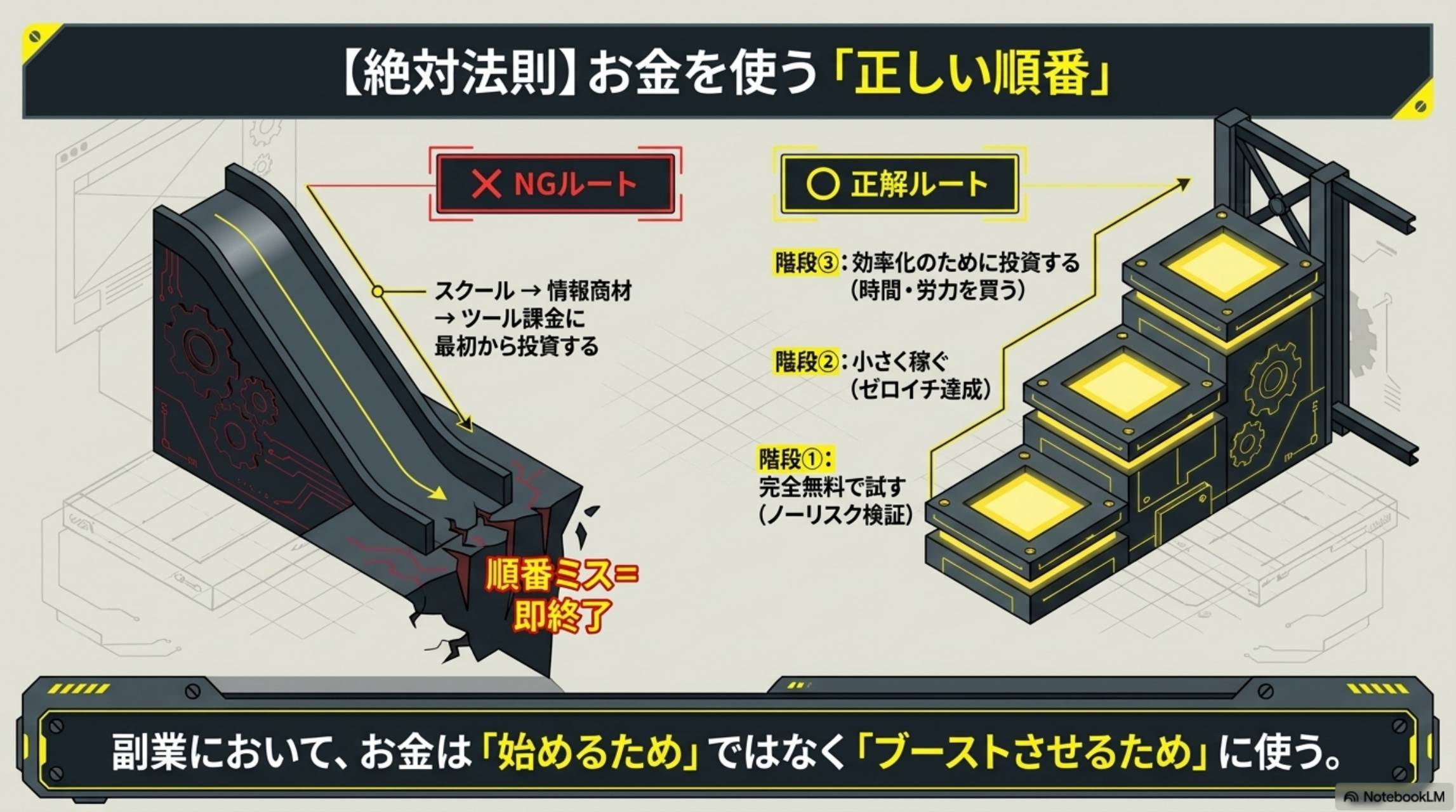 絶対法則：お金を使う正しい順番。NGルート：スクール→情報商材→ツール課金に最初から投資→順番ミス＝即終了。正解ルート：階段①完全無料で試す（ノーリスク検証）→階段②小さく稼ぐ（ゼロイチ達成）→階段③効率化のために投資する（時間・労力を買う）。副業においてお金は始めるためではなくブーストさせるために使う