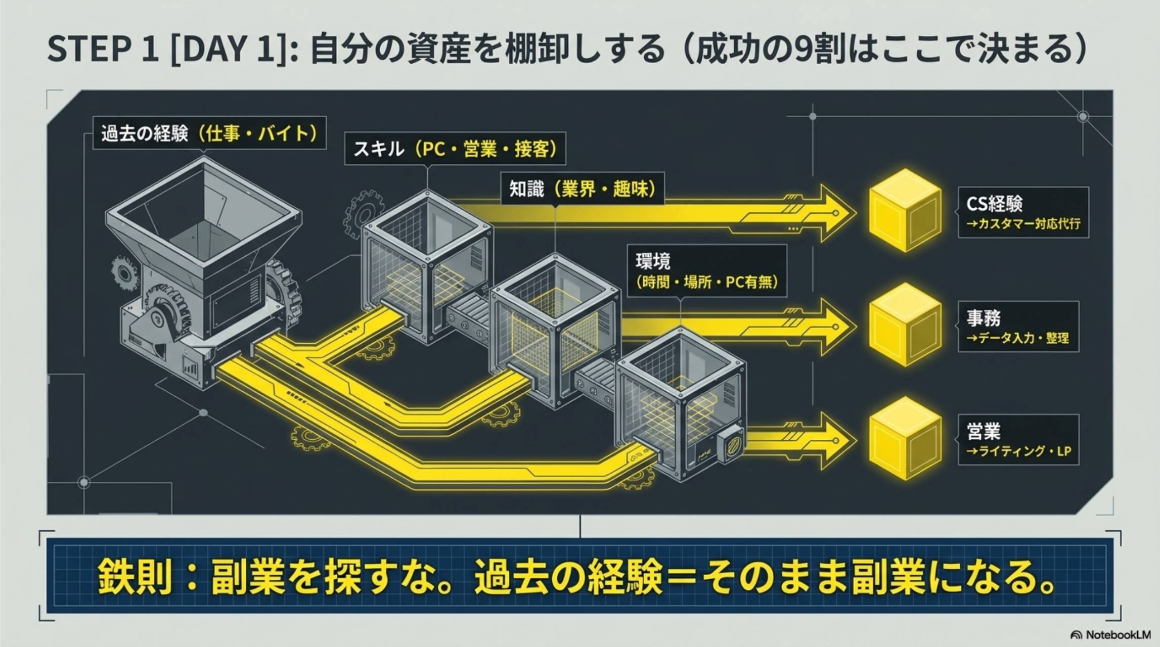 STEP1 DAY1：自分の資産を棚卸しする（成功の9割はここで決まる）。過去の経験（仕事・バイト）・スキル（PC・営業・接客）・知識（業界・趣味）・環境（時間・場所・PC有無）を入力→CS経験→カスタマー対応代行、事務→データ入力・整理、営業→ライティング・LP。鉄則：副業を探すな。過去の経験＝そのまま副業になる