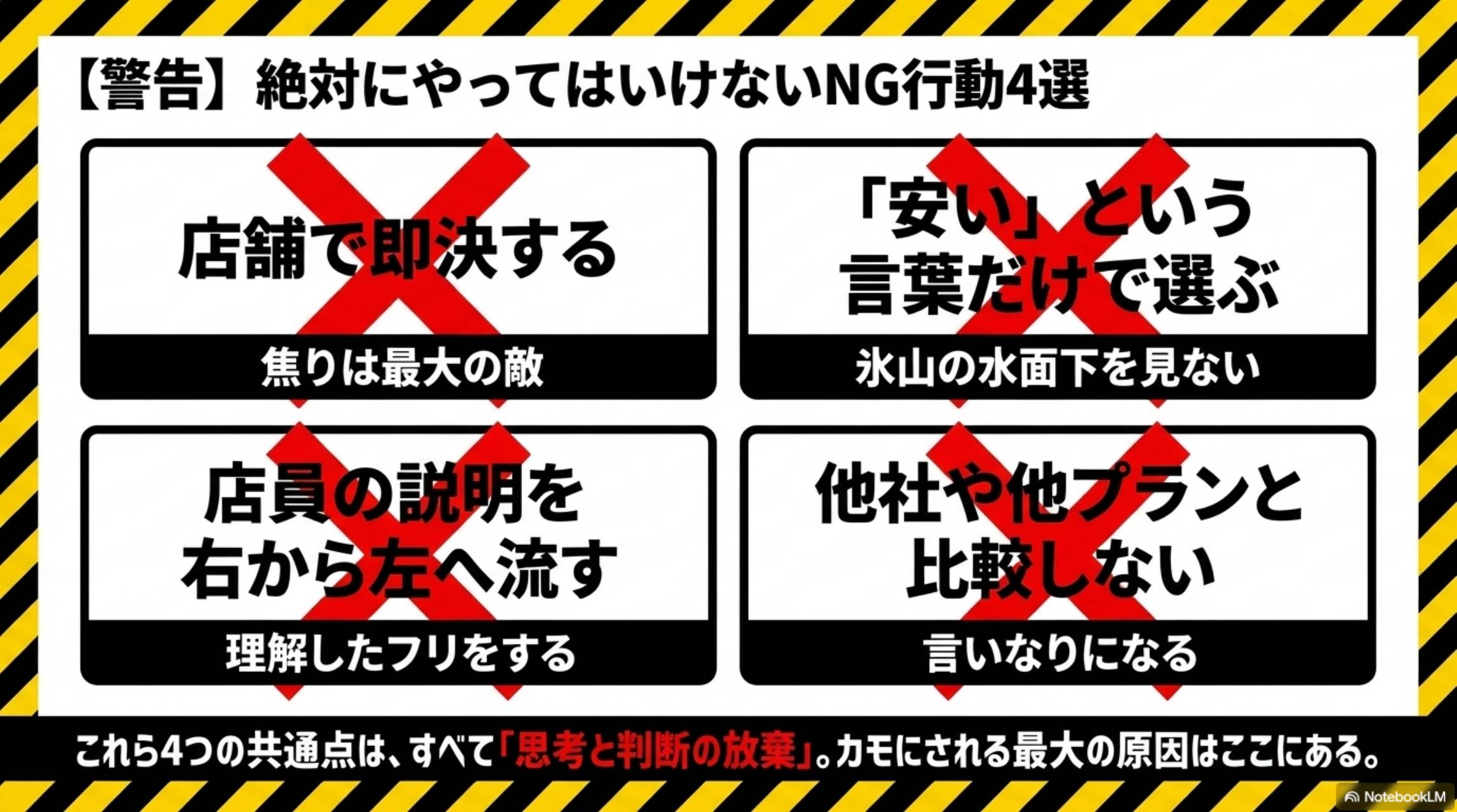 警告：絶対にやってはいけないNG行動4選。①店舗で即決する（焦りは最大の敵）。②安いという言葉だけで選ぶ（氷山の水面下を見ない）。③店員の説明を右から左へ流す（理解したフリをする）。④他社や他プランと比較しない（言いなりになる）。これら4つの共通点はすべて思考と判断の放棄。カモにされる最大の原因はここにある