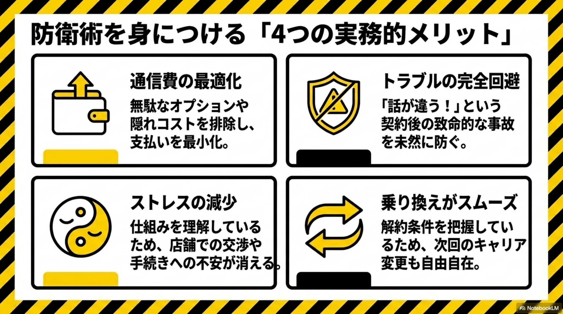 防衛術を身につける4つの実務的メリット。通信費の最適化：無駄なオプションや隠れコストを排除し支払いを最小化。トラブルの完全回避：話が違う！という契約後の致命的な事故を未然に防ぐ。ストレスの減少：仕組みを理解しているため店舗での交渉や手続きへの不安が消える。乗り換えがスムーズ：解約条件を把握しているため次回のキャリア変更も自由自在