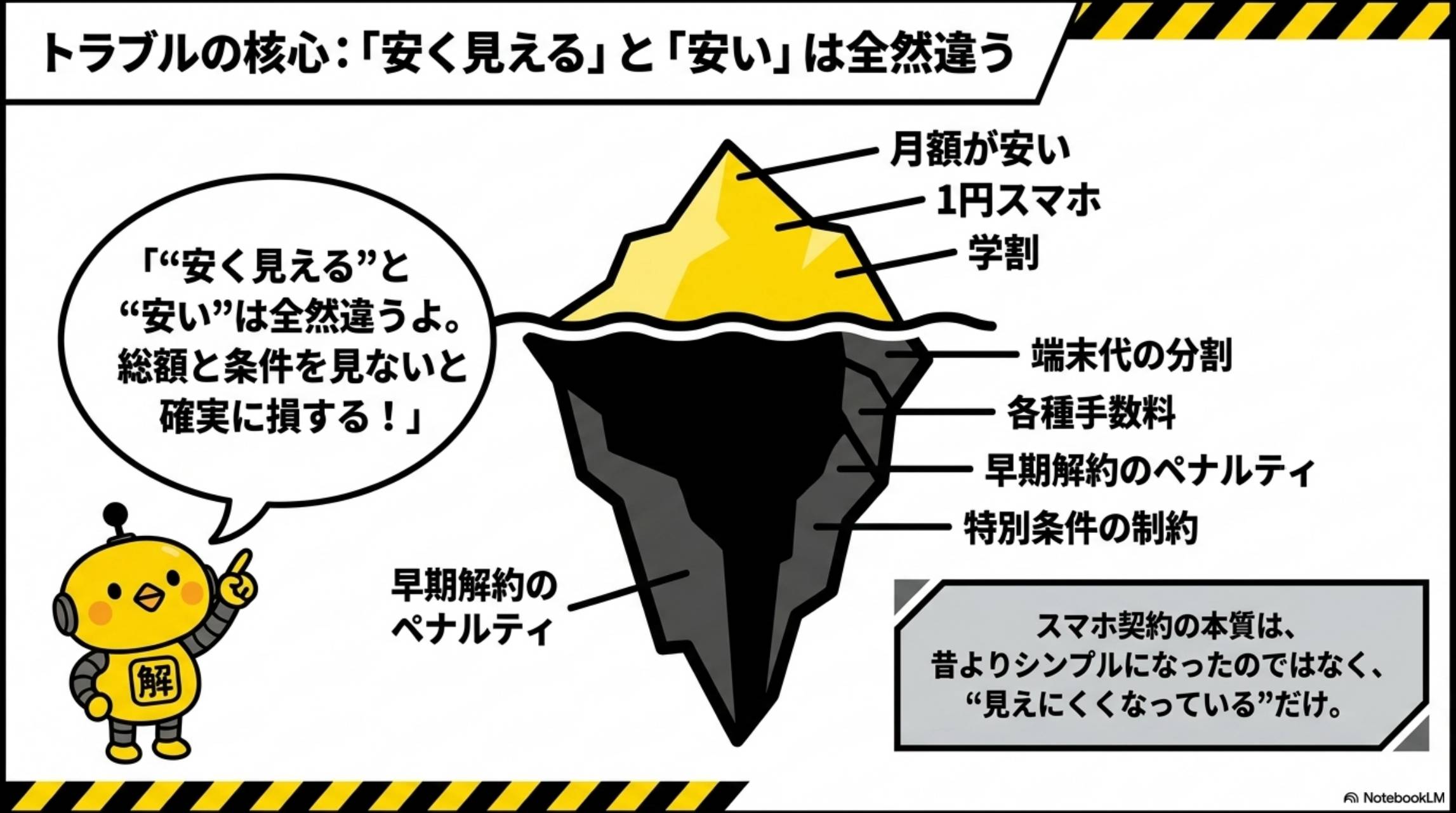 トラブルの核心：安く見えると安いは全然違う。氷山の水面上：月額が安い・1円スマホ・学割。水面下：端末代の分割・各種手数料・早期解約のペナルティ・特別条件の制約。スマホ契約の本質は昔よりシンプルになったのではなく見えにくくなっているだけ