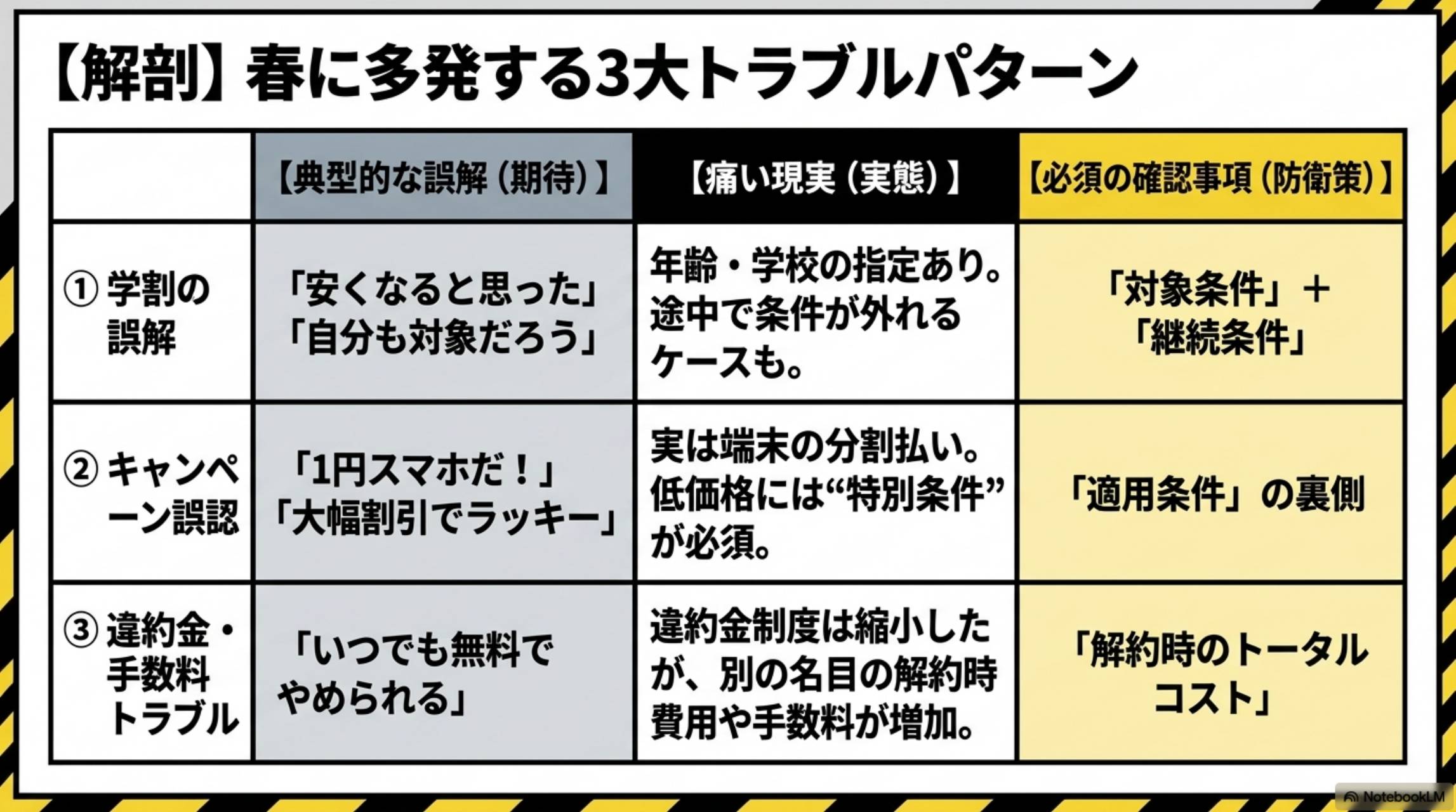 春に多発する3大トラブルパターン。①学割の誤解：典型的な誤解＝安くなると思った・自分も対象だろう。痛い現実＝年齢・学校の指定あり・途中で条件が外れるケースも。防衛策＝対象条件＋継続条件の確認。②キャンペーン誤認：1円スマホだ・大幅割引でラッキー→実は端末の分割払い・低価格には特別条件が必須→適用条件の裏側確認。③違約金・手数料トラブル：いつでも無料でやめられる→違約金制度は縮小したが別の名目の解約時費用や手数料が増加→解約時のトータルコスト確認