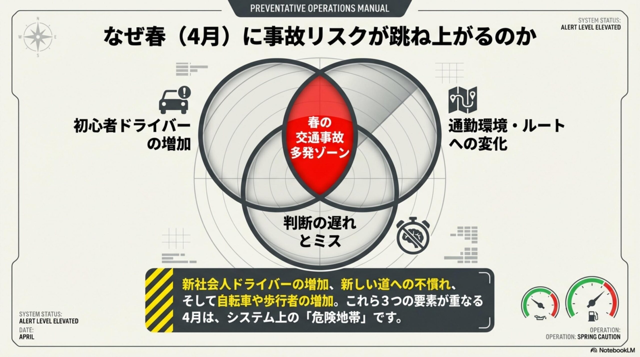 なぜ春4月に事故リスクが跳ね上がるのか。初心者ドライバー増加×通勤環境ルートへの変化×判断の遅れとミスが重なる4月は春の交通事故多発ゾーン。新社会人ドライバー・新しい道への不慣れ・自転車や歩行者の増加という3要素が重なる4月はシステム上の危険地帯