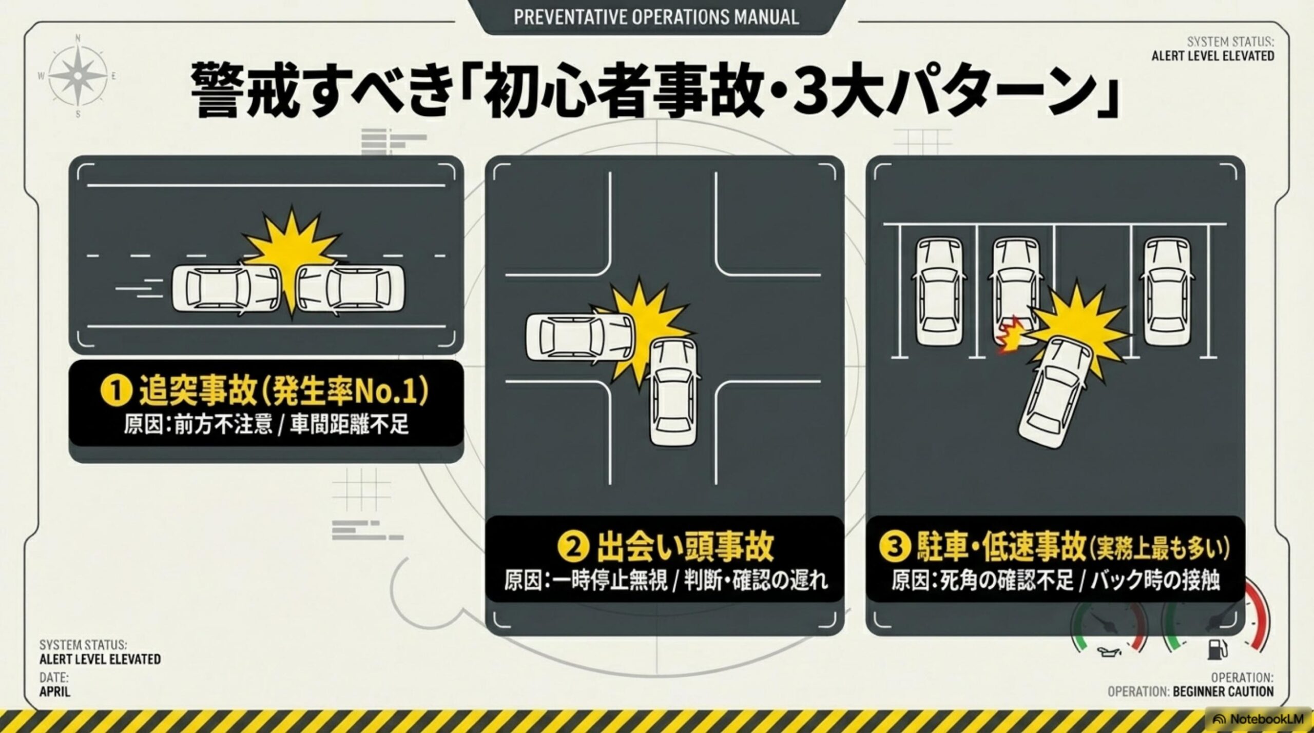 警戒すべき初心者事故3大パターン。①追突事故（発生率No.1）原因：前方不注意・車間距離不足。②出会い頭事故：原因：一時停止無視・判断確認の遅れ。③駐車・低速事故（実務上最も多い）：原因：死角の確認不足・バック時の接触