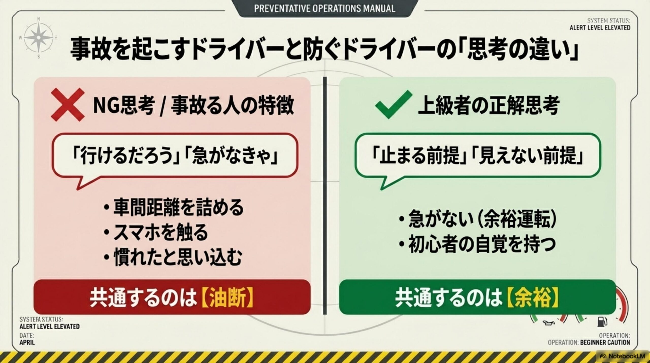 事故を起こすドライバーと防ぐドライバーの思考の違い。NG思考：行けるだろう・急がなきゃ・車間距離を詰める・スマホを触る・慣れたと思い込む。共通するのは油断。上級者の正解思考：止まる前提・見えない前提・急がない余裕運転・初心者の自覚を持つ。共通するのは余裕