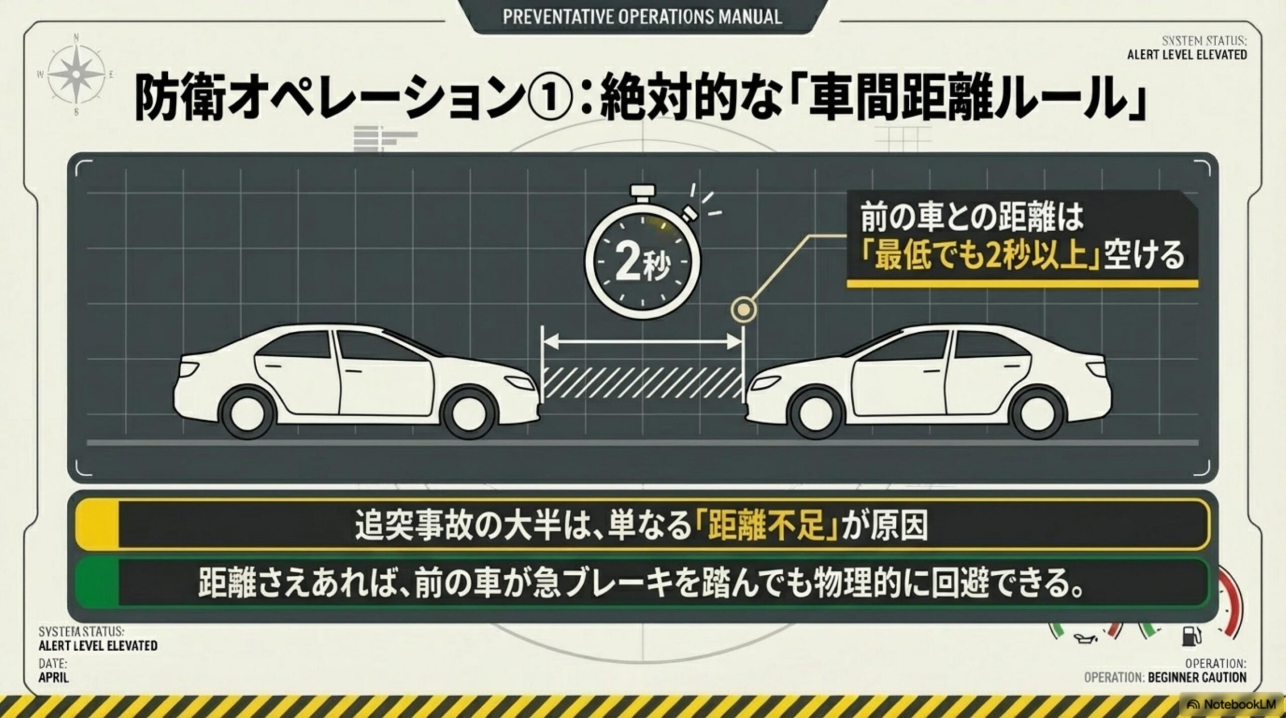 防衛オペレーション①：絶対的な車間距離ルール。前の車との距離は最低でも2秒以上空ける。追突事故の大半は単なる距離不足が原因。距離さえあれば前の車が急ブレーキを踏んでも物理的に回避できる