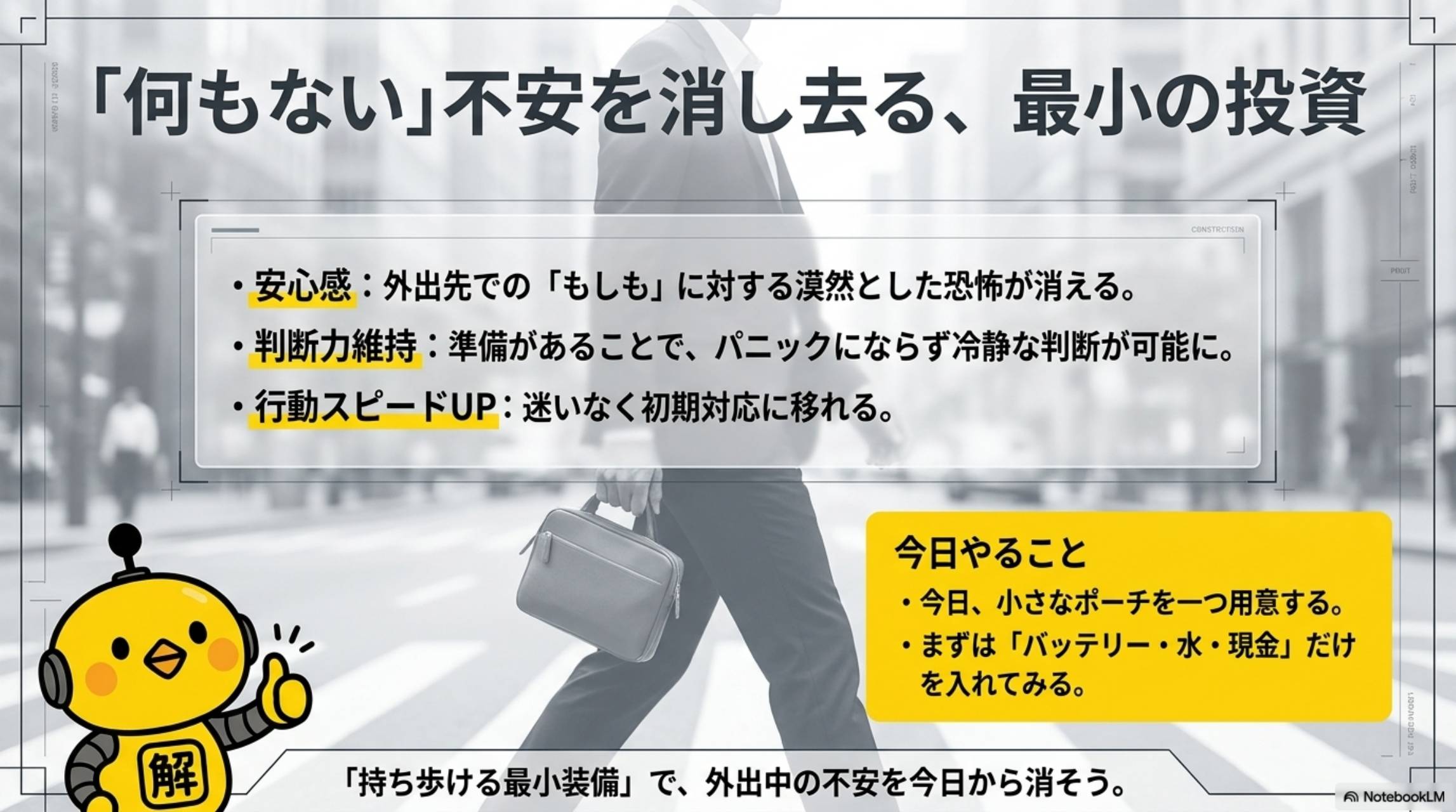 何もない不安を消し去る、最小の投資。安心感：外出先でのもしもに対する漠然とした恐怖が消える。判断力維持：準備があることでパニックにならず冷静な判断が可能。行動スピードUP：迷いなく初期対応に移れる
