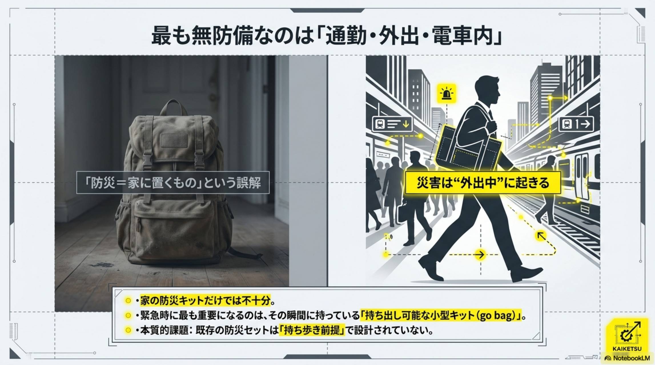 最も無防備なのは通勤・外出・電車内。防災＝家に置くものという誤解。災害は外出中に起きる。家の防災キットだけでは不十分