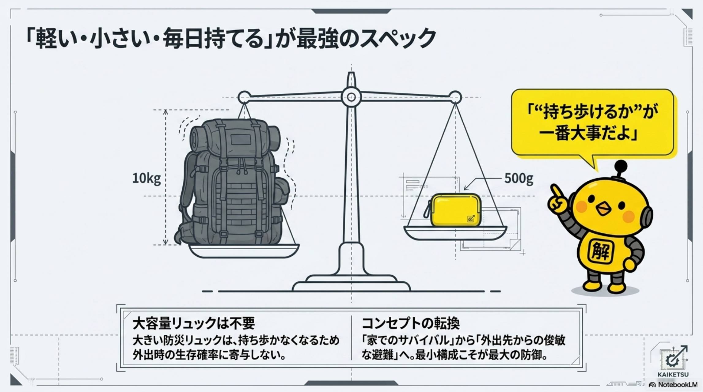 軽い・小さい・毎日持てるが最強のスペック。10kgの防災リュックvs500gのミニポーチ。持ち歩けるかが一番大事。大容量リュックは持ち歩かなくなるため外出時の生存確率に寄与しない