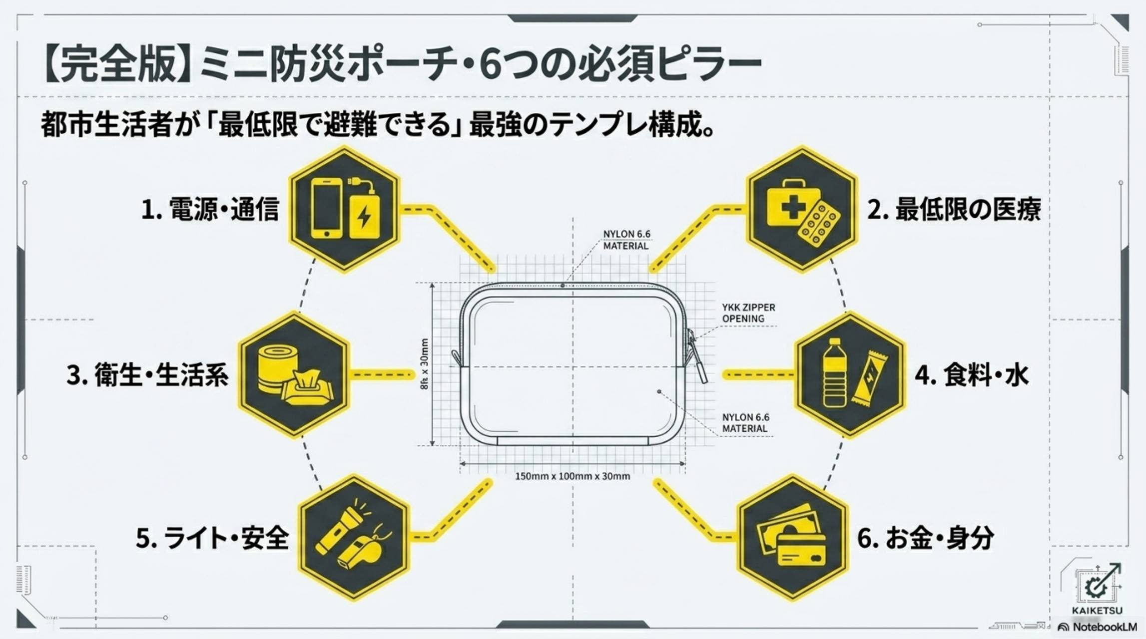 完全版ミニ防災ポーチ・6つの必須ピラー。都市生活者が最低限で避難できる最強のテンプレ構成。1.電源・通信 2.最低限の医療 3.衛生・生活系 4.食料・水 5.ライト・安全 6.お金・身分
