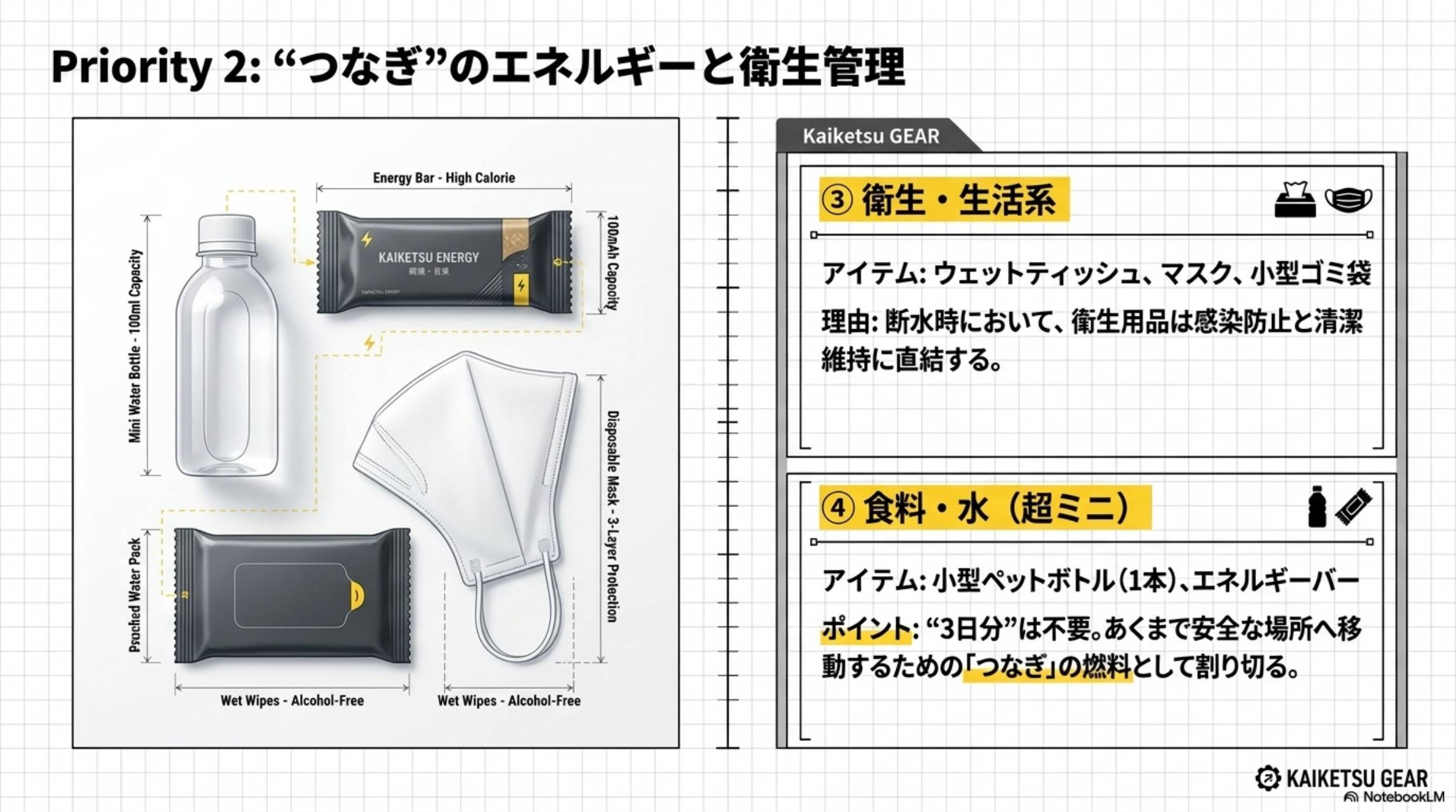Priority2：つなぎのエネルギーと衛生管理。③衛生・生活系：ウェットティッシュ・マスク・小型ゴミ袋。断水時に衛生用品は感染防止と清潔維持に直結。④食料・水（超ミニ）：小型ペットボトル・エネルギーバー。3日分は不要