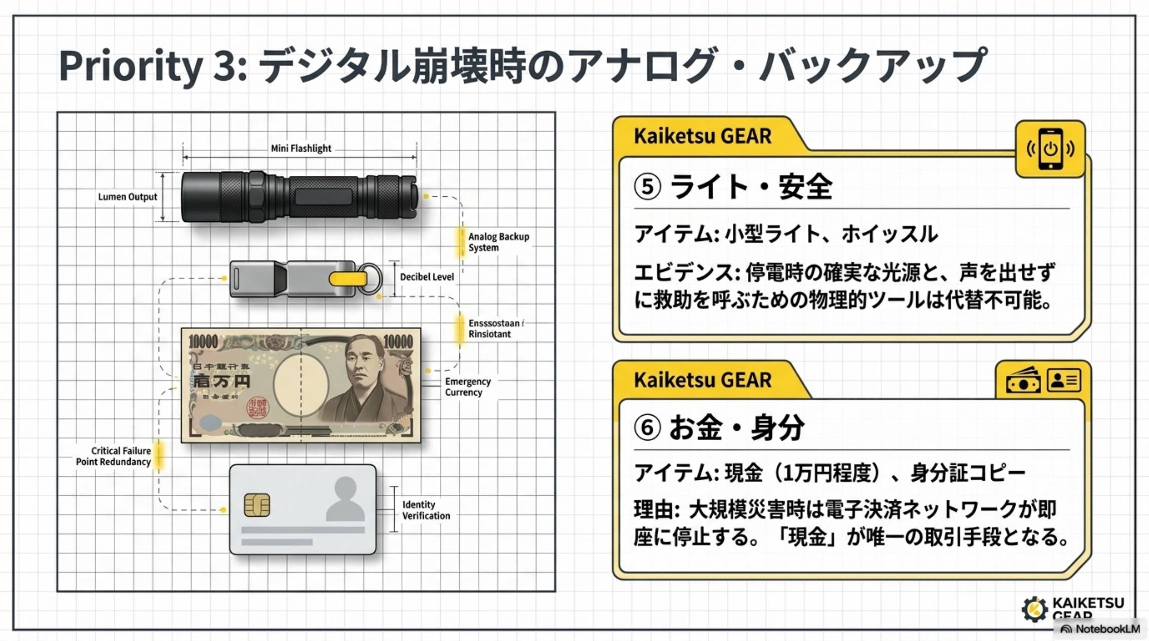 Priority3：デジタル崩壊時のアナログバックアップ。⑤ライト・安全：小型ライト・ホイッスル。停電時の確実な光源と声を出せずに救助を呼ぶための物理的ツールは代替不可能。⑥お金・身分：現金1万円程度・身分証コピー