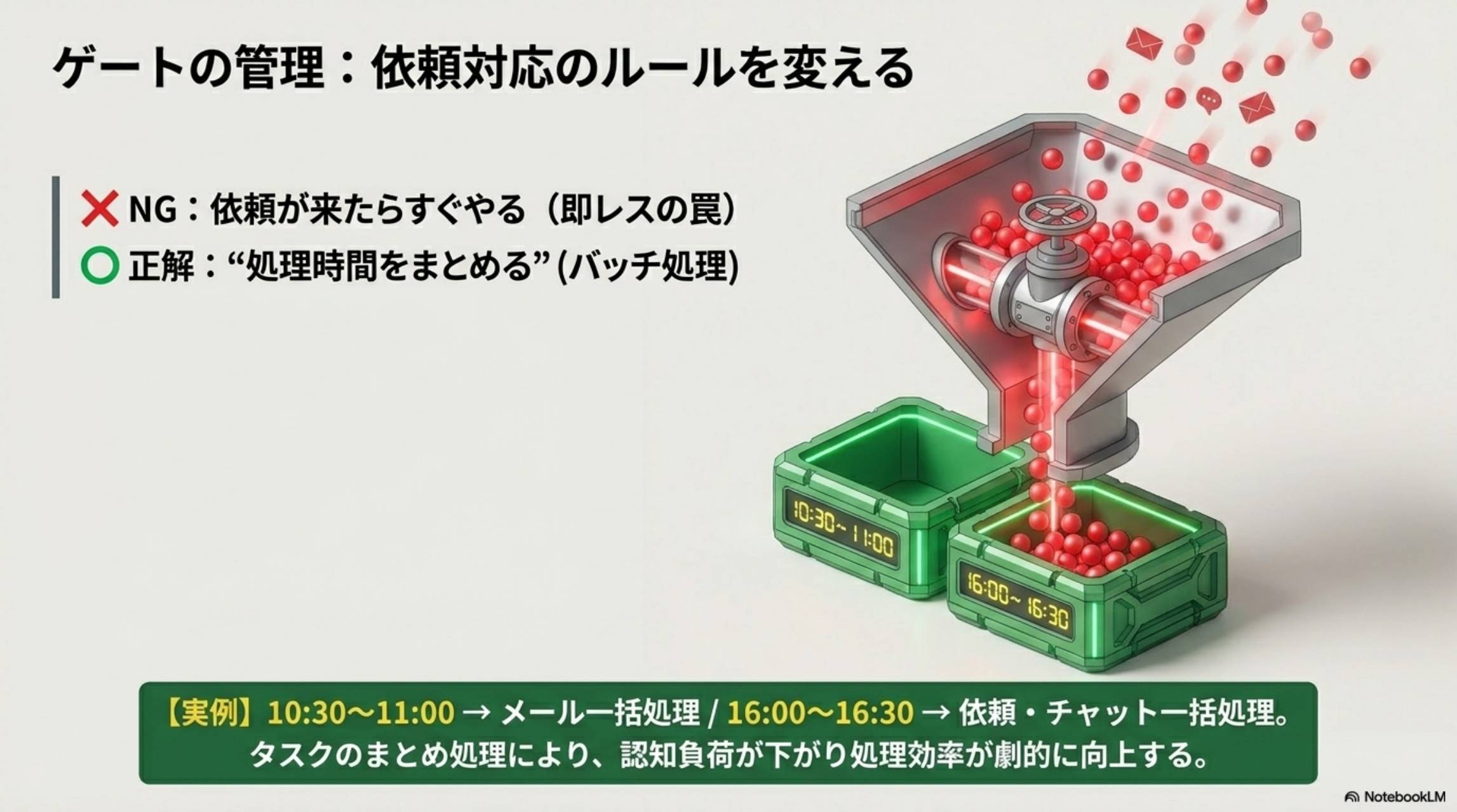 ゲートの管理：依頼対応のルールを変える。NG：依頼が来たらすぐやる（即レスの罠）。正解：処理時間をまとめる（バッチ処理）。実例：10:30〜11:00メール一括処理／16:00〜16:30依頼・チャット一括処理。タスクのまとめ処理により認知負荷が下がり処理効率が劇的に向上する
