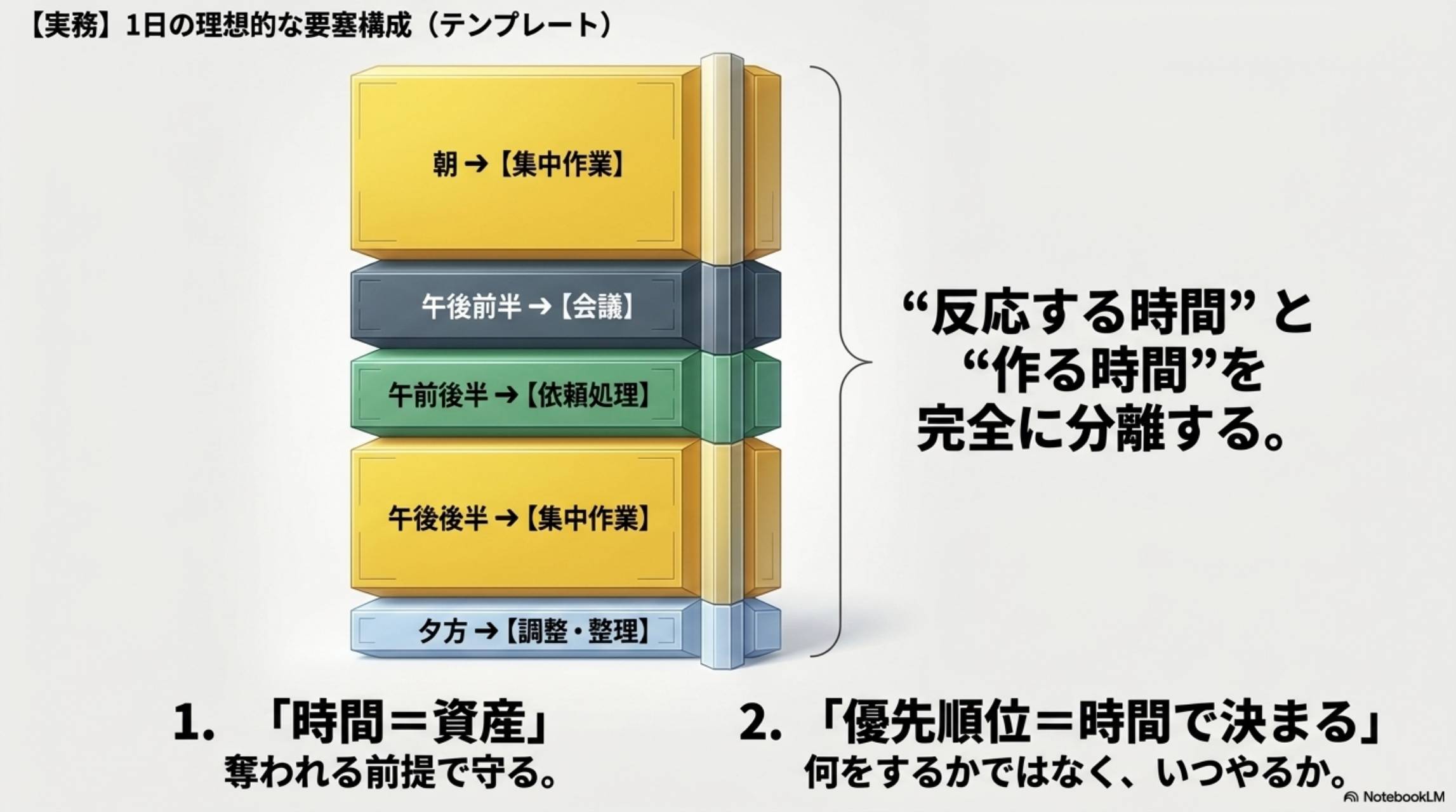 実務：1日の理想的な要塞構成テンプレート。朝→集中作業。午前後半→依頼処理。午後前半→会議。午後後半→集中作業。夕方→調整・整理。反応する時間と作る時間を完全に分離する。時間＝資産・優先順位＝時間で決まる