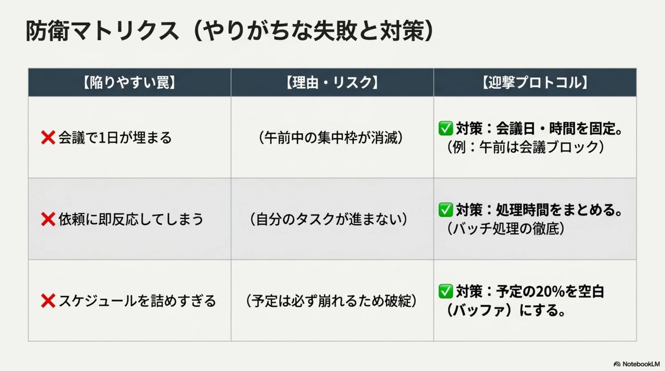 防衛マトリクス（やりがちな失敗と対策）。会議で1日が埋まる→対策：会議日・時間を固定（午前は会議ブロック）。依頼に即反応してしまう→対策：処理時間をまとめる（バッチ処理の徹底）。スケジュールを詰めすぎる→対策：予定の20%を空白（バッファ）にする