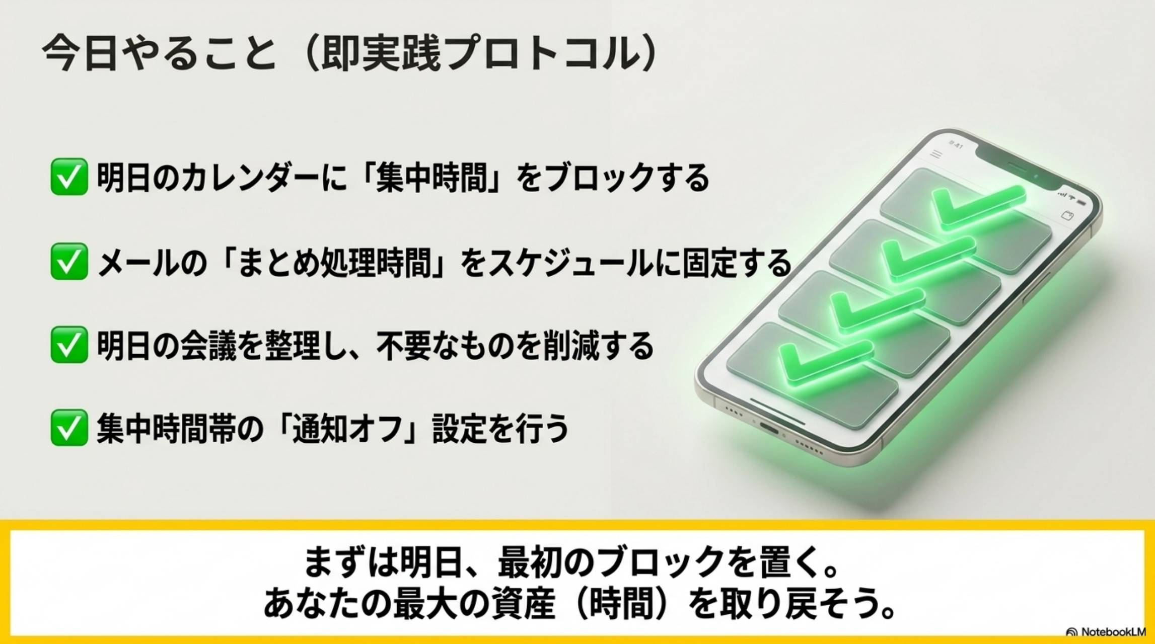 今日やること（即実践プロトコル）。明日のカレンダーに集中時間をブロックする。メールのまとめ処理時間をスケジュールに固定する。明日の会議を整理し不要なものを削減する。集中時間帯の通知オフ設定を行う。まずは明日、最初のブロックを置く。あなたの最大の資産（時間）を取り戻そう