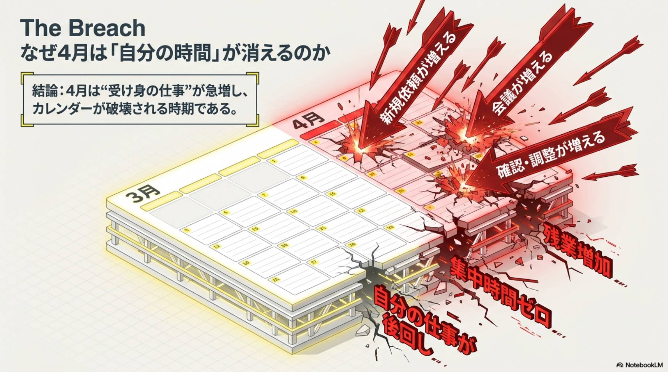 なぜ4月は自分の時間が消えるのか。新規依頼が増える・会議が増える・確認調整が増える矢印がカレンダーを破壊。結果：自分の仕事が後回し・集中時間ゼロ・残業増加。4月は受け身の仕事が急増しカレンダーが破壊される時期