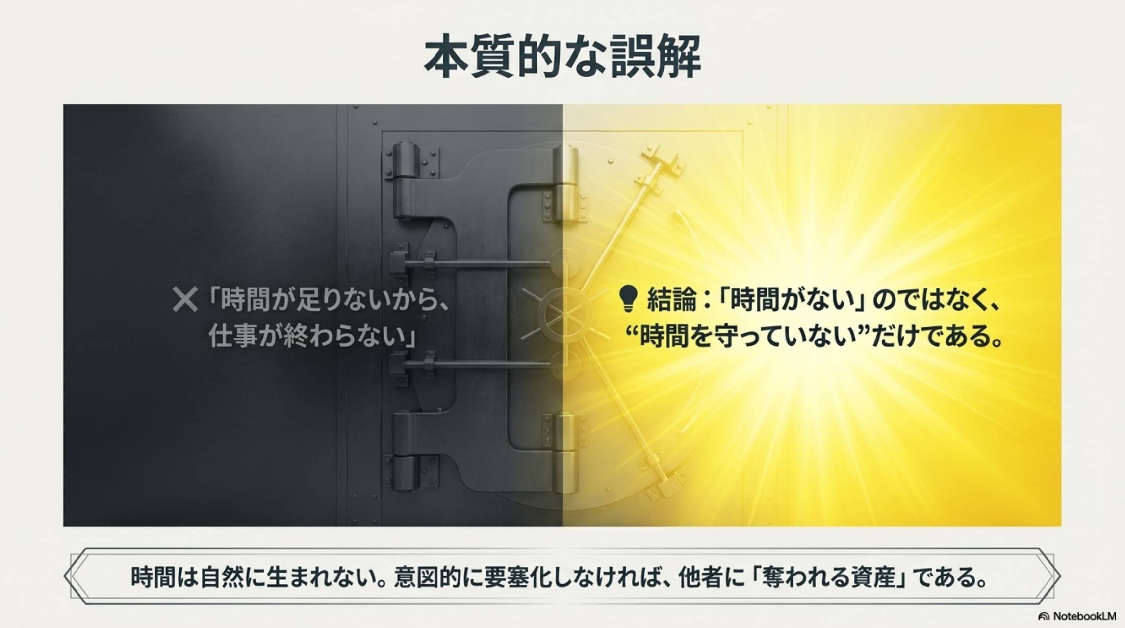本質的な誤解。時間が足りないから仕事が終わらない（×）。結論：時間がないのではなく時間を守っていないだけである（〇）。時間は自然に生まれない。意図的に要塞化しなければ他者に奪われる資産である