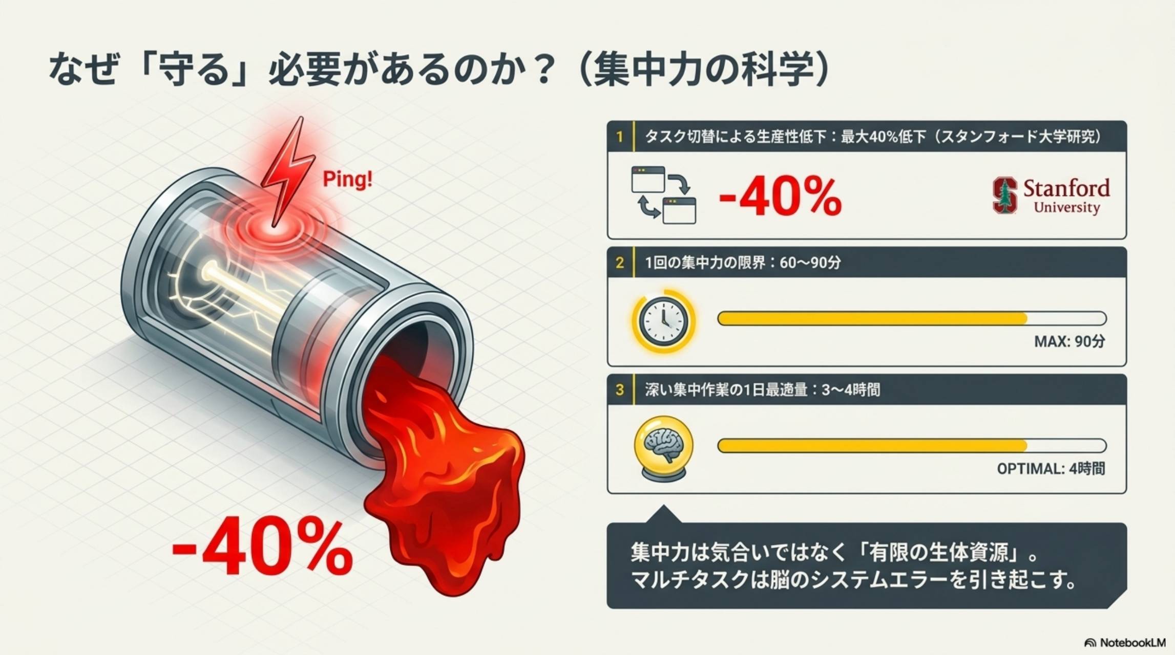 なぜ守る必要があるのか（集中力の科学）。タスク切替による生産性低下：最大40%低下（スタンフォード大学研究）。1回の集中力の限界：60〜90分。深い集中作業の1日最適量：3〜4時間。集中力は気合いではなく有限の生体資源。マルチタスクは脳のシステムエラーを引き起こす