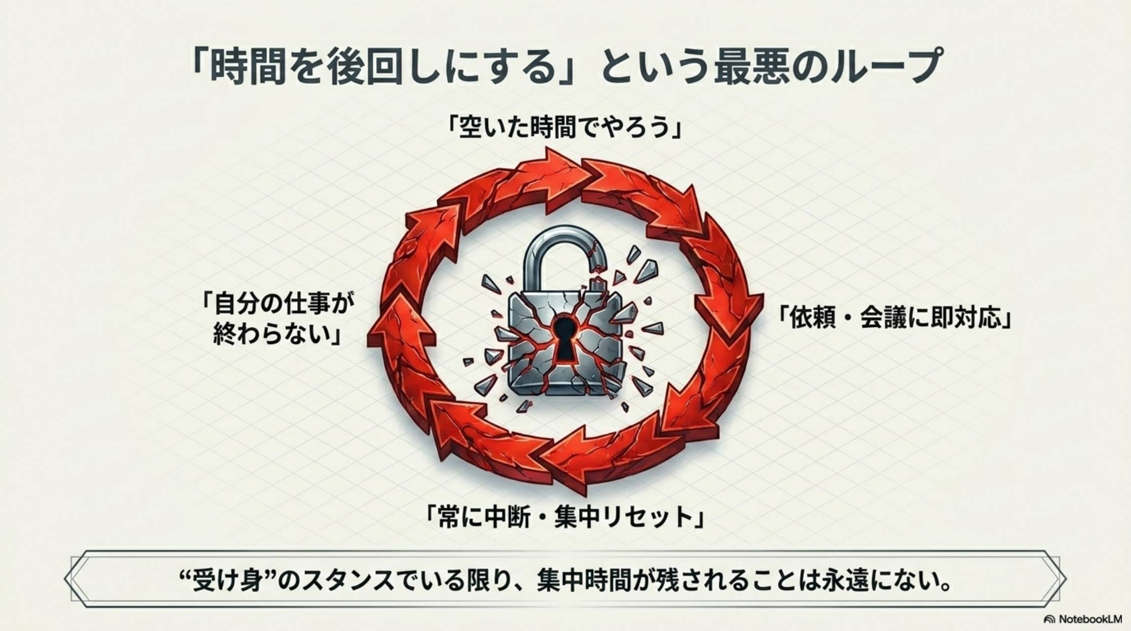 時間を後回しにするという最悪のループ。空いた時間でやろう→依頼・会議に即対応→常に中断・集中リセット→自分の仕事が終わらない→またループ。受け身のスタンスでいる限り集中時間が残されることは永遠にない