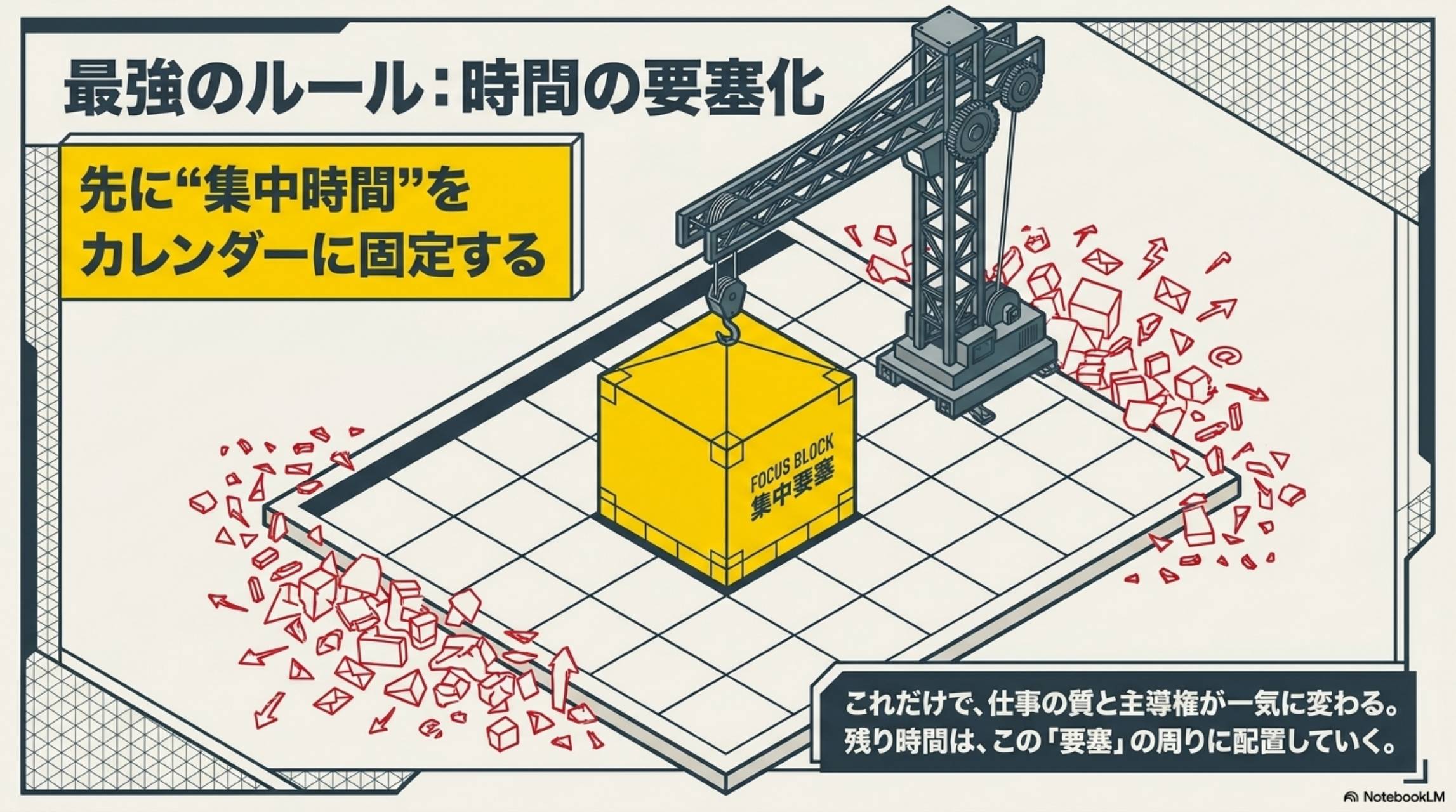 最強のルール：時間の要塞化。先に集中時間をカレンダーに固定する。これだけで仕事の質と主導権が一気に変わる。残り時間はこの要塞の周りに配置していく