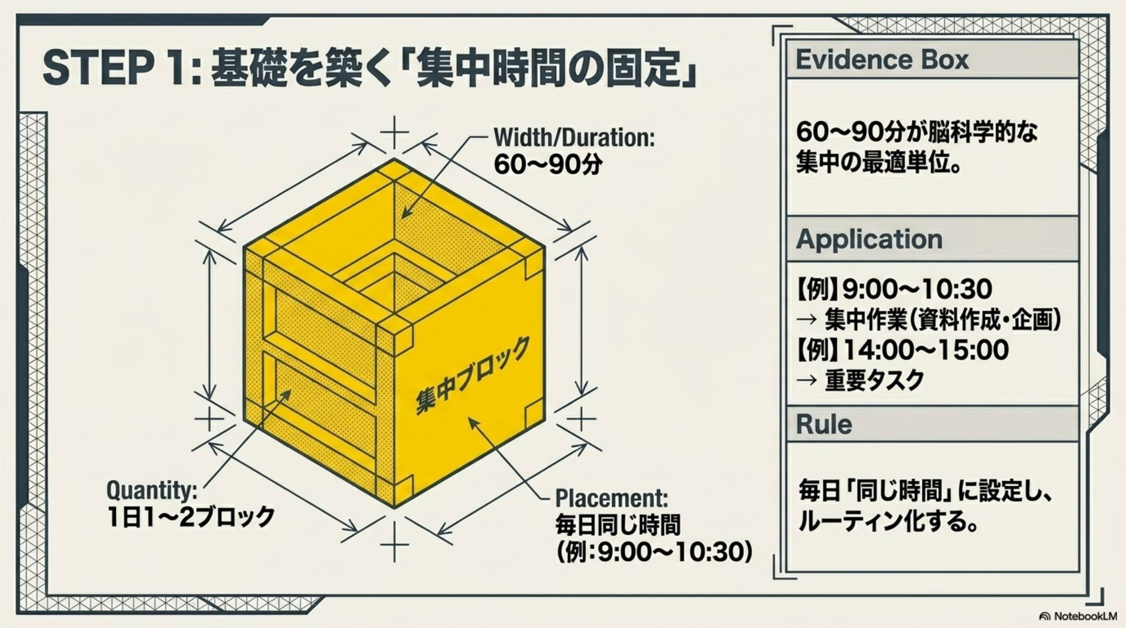 STEP1：基礎を築く集中時間の固定。1日1〜2ブロック・60〜90分・毎日同じ時間。エビデンス：60〜90分が脳科学的な集中の最適単位。例：9:00〜10:30集中作業・14:00〜15:00重要タスク。毎日同じ時間に設定しルーティン化する