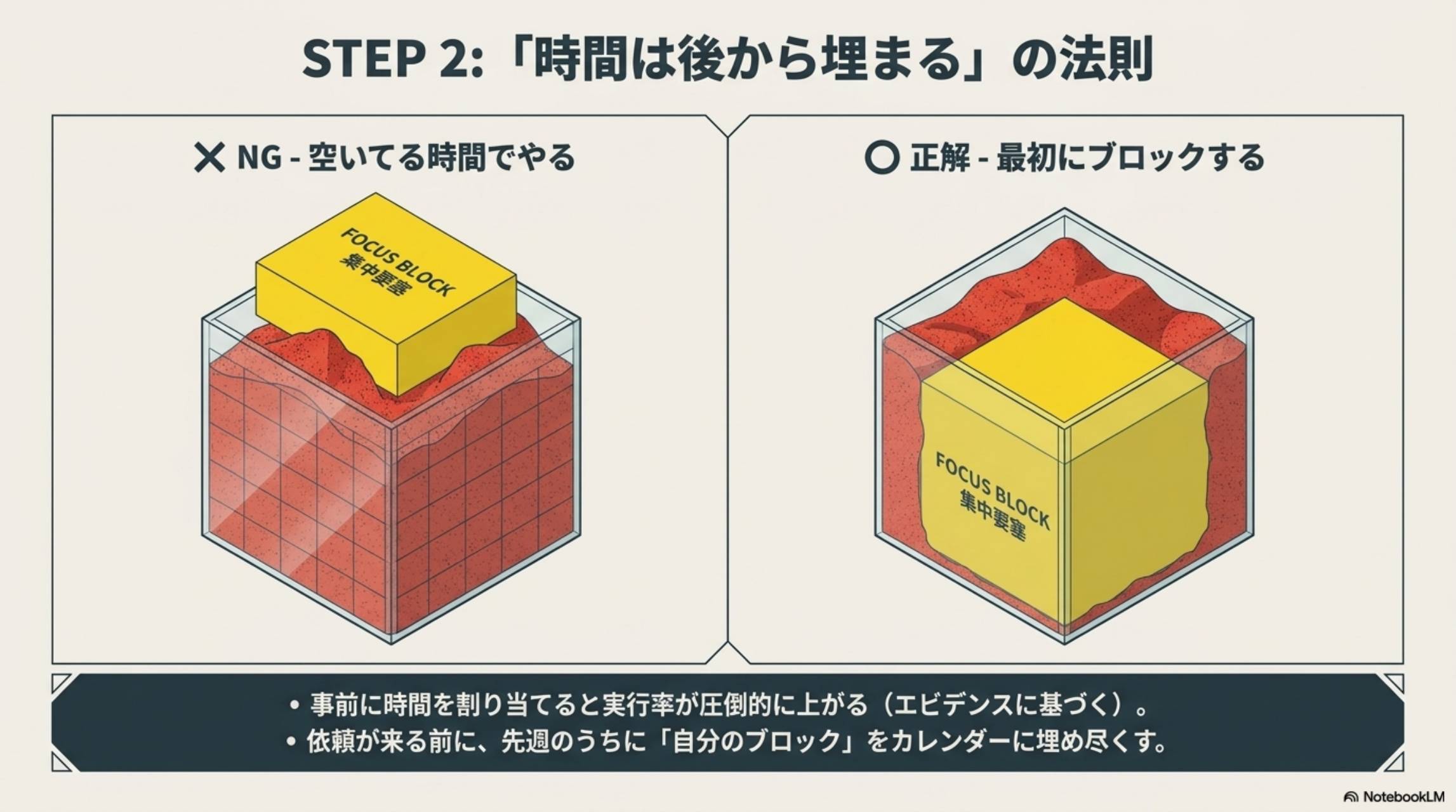 STEP2：時間は後から埋まるの法則。NG：空いてる時間でやる（集中ブロックが砂の上に乗っている）。正解：最初にブロックする（集中ブロックが先に固定されている）。事前に時間を割り当てると実行率が圧倒的に上がる。依頼が来る前に先週のうちに自分のブロックをカレンダーに埋め尽くす