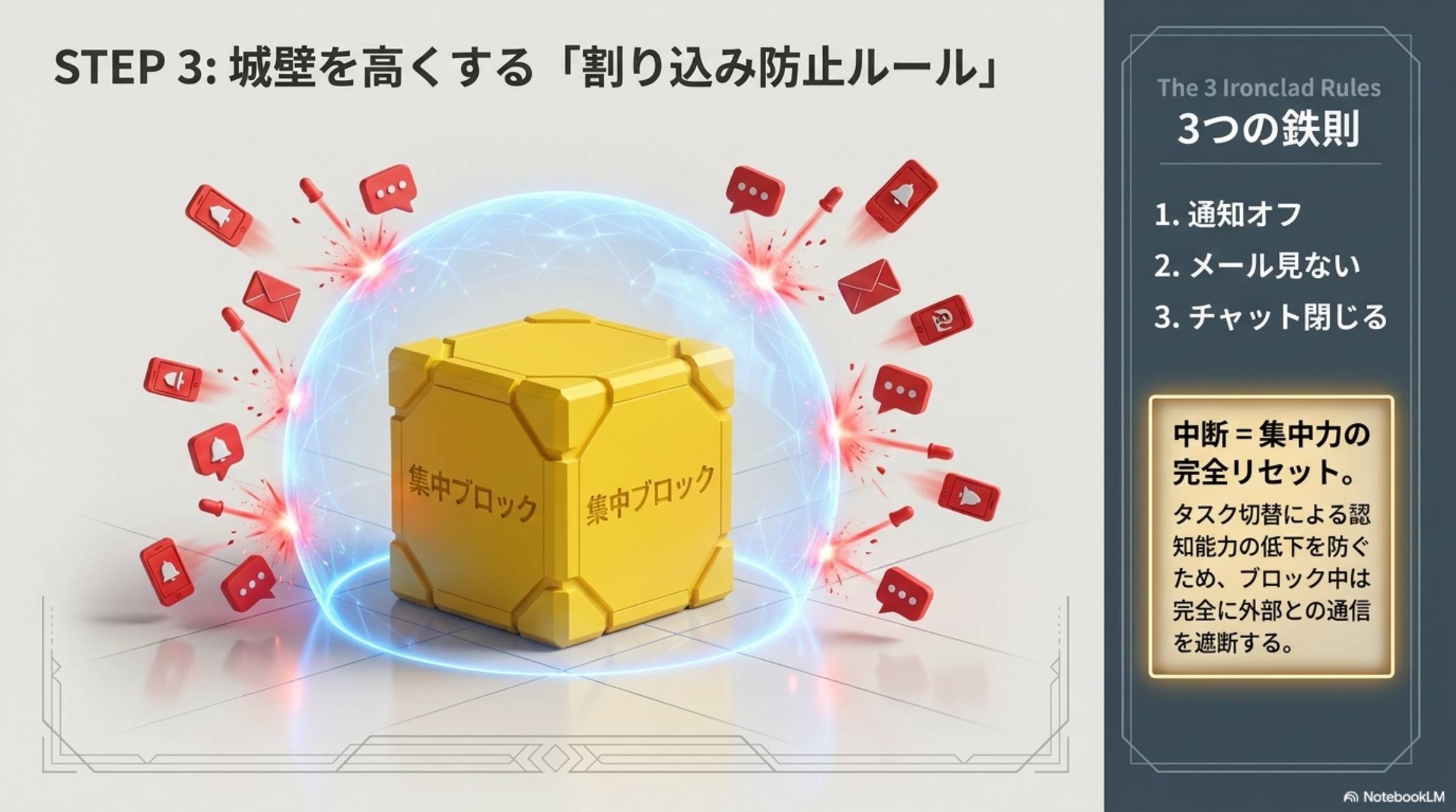 STEP3：城壁を高くする割り込み防止ルール。3つの鉄則：1.通知オフ 2.メール見ない 3.チャット閉じる。中断＝集中力の完全リセット。タスク切替による認知能力の低下を防ぐため、ブロック中は完全に外部との通信を遮断する