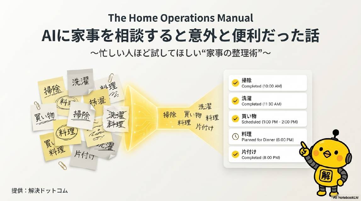 The Home Operations Manual。AIに家事を相談すると意外と便利だった話。忙しい人ほど試してほしい家事の整理術。掃除・洗濯・買い物・料理・片付けがAIで整理されスケジュール化される。解決ドットコム提供。