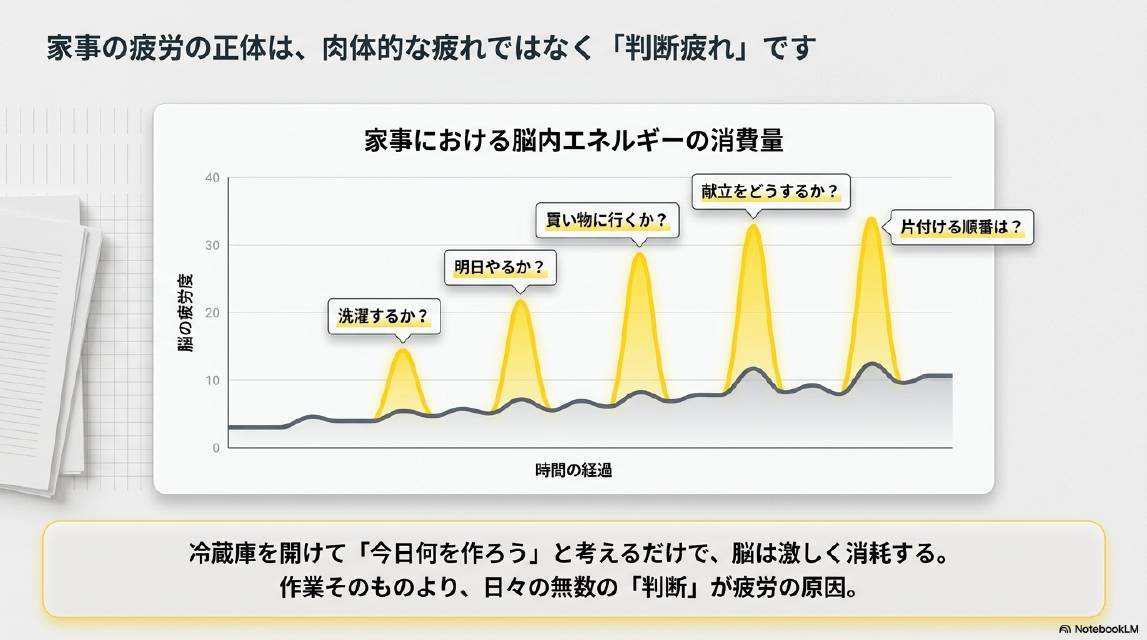 家事の疲労の正体は肉体的な疲れではなく判断疲れです。家事における脳内エネルギーの消費量グラフ：洗濯するか？→明日やるか？→買い物に行くか？→献立をどうするか？→片付ける順番は？と判断のたびに脳が激しく消耗する。冷蔵庫を開けて今日何を作ろうと考えるだけで脳は激しく消耗する。作業そのものより日々の無数の判断が疲労の原因。