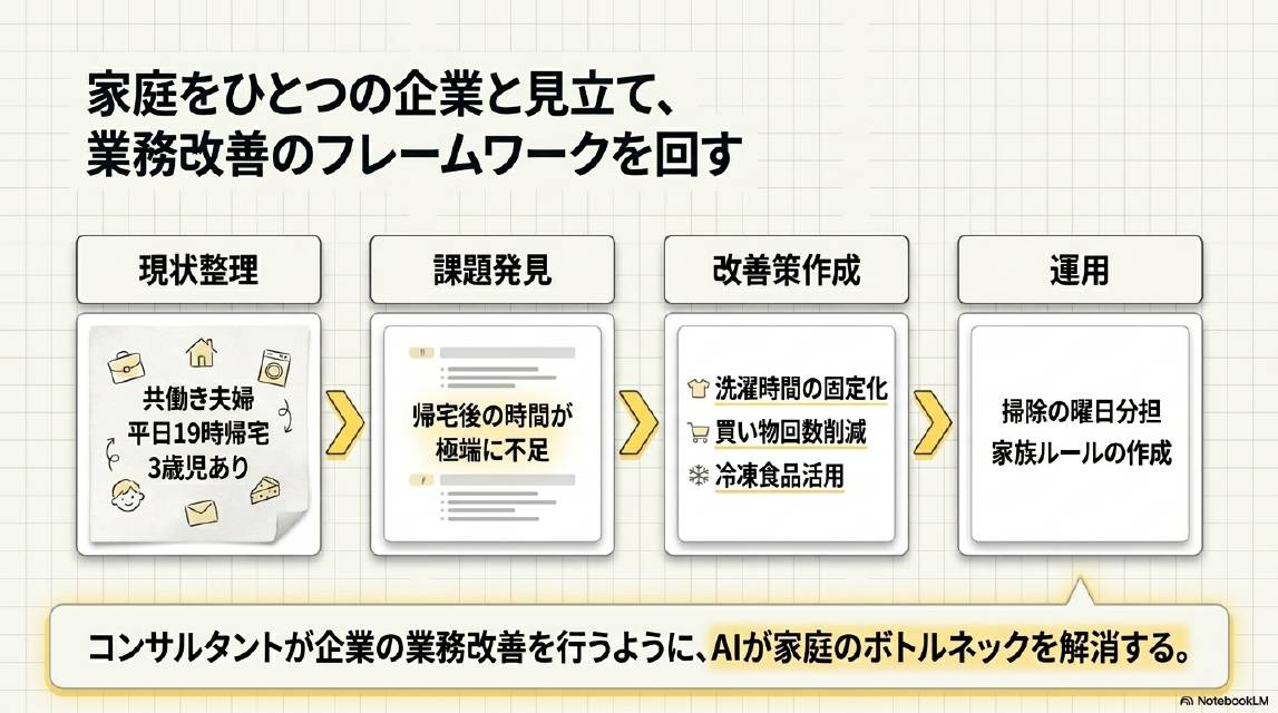 家庭をひとつの企業と見立てて業務改善のフレームワークを回す。現状整理（共働き夫婦・平日19時帰宅・3歳児あり）→課題発見（帰宅後の時間が極端に不足）→改善策作成（洗濯時間の固定化・買い物回数削減・冷凍食品活用）→運用（掃除の曜日分担・家族ルールの作成）。コンサルタントが企業の業務改善を行うようにAIが家庭のボトルネックを解消する。