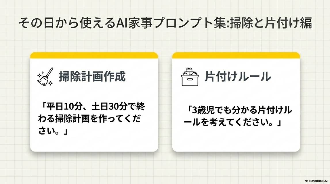 その日から使えるAI家事プロンプト集：掃除と片付け編。掃除計画作成：平日10分・土日30分で終わる掃除計画を作ってください。片付けルール：3歳児でも分かる片付けルールを考えてください。