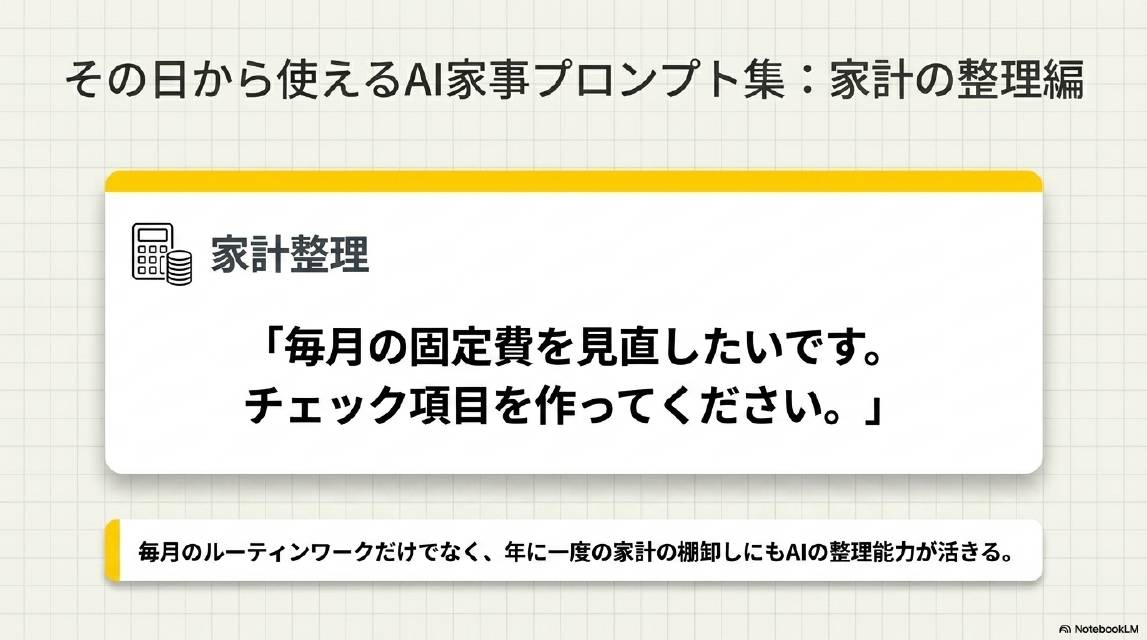 その日から使えるAI家事プロンプト集：家計の整理編。家計整理：毎月の固定費を見直したいです。チェック項目を作ってください。毎月のルーティンワークだけでなく年に一度の家計の棚卸しにもAIの整理能力が活きる。