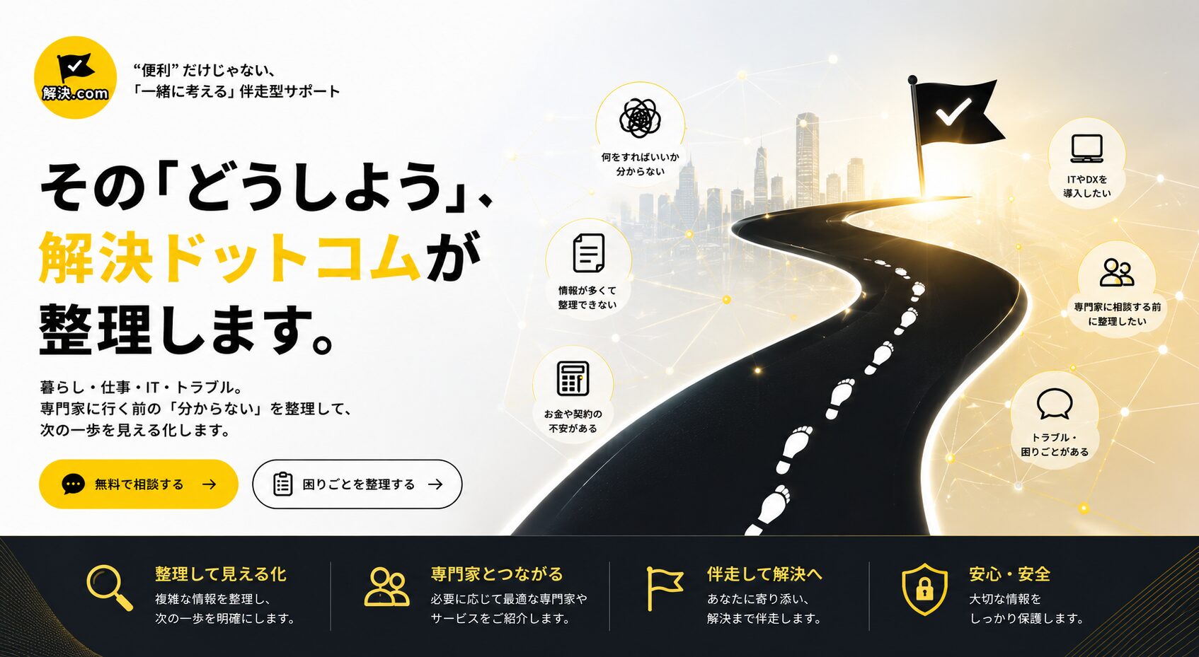そのどうしよう、解決ドットコムが整理します。暮らし・仕事・IT・トラブルを整理して次の一歩を見える化します。
