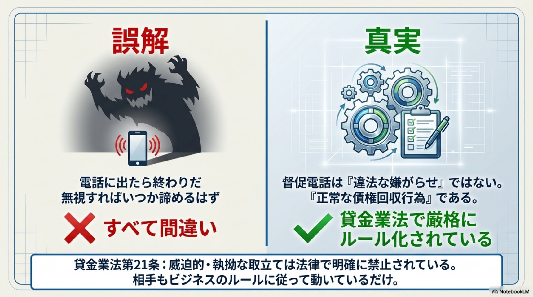誤解：電話に出たら終わりだ・無視すればいつか諦めるはず→すべて間違い。真実：督促電話は違法な嫌がらせではない。正常な債権回収行為である。貸金業法で厳格にルール化されている。