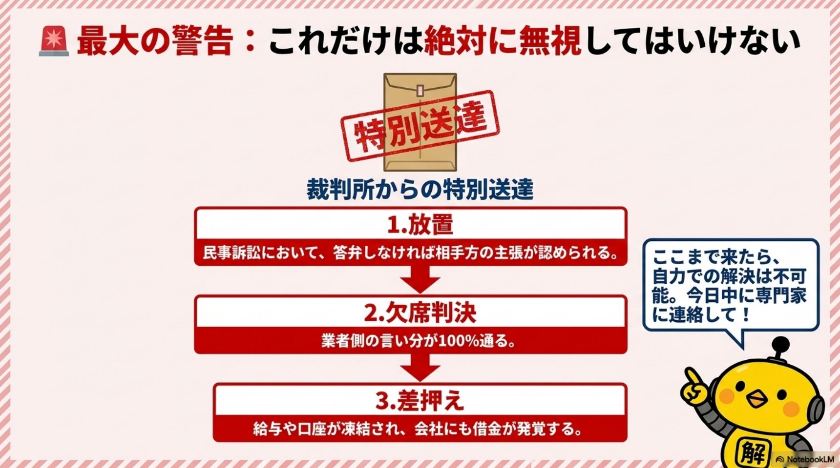 最大の警告：これだけは絶対に無視してはいけない。裁判所からの特別送達→1.放置（民事訴訟において答弁しなければ相手方の主張が認められる）→2.欠席判決（業者側の言い分が100%通る）→3.差押え（給与や口座が凍結され会社にも借金が発覚する）。ここまで来たら自力での解決は不可能。今日中に専門家に連絡して！