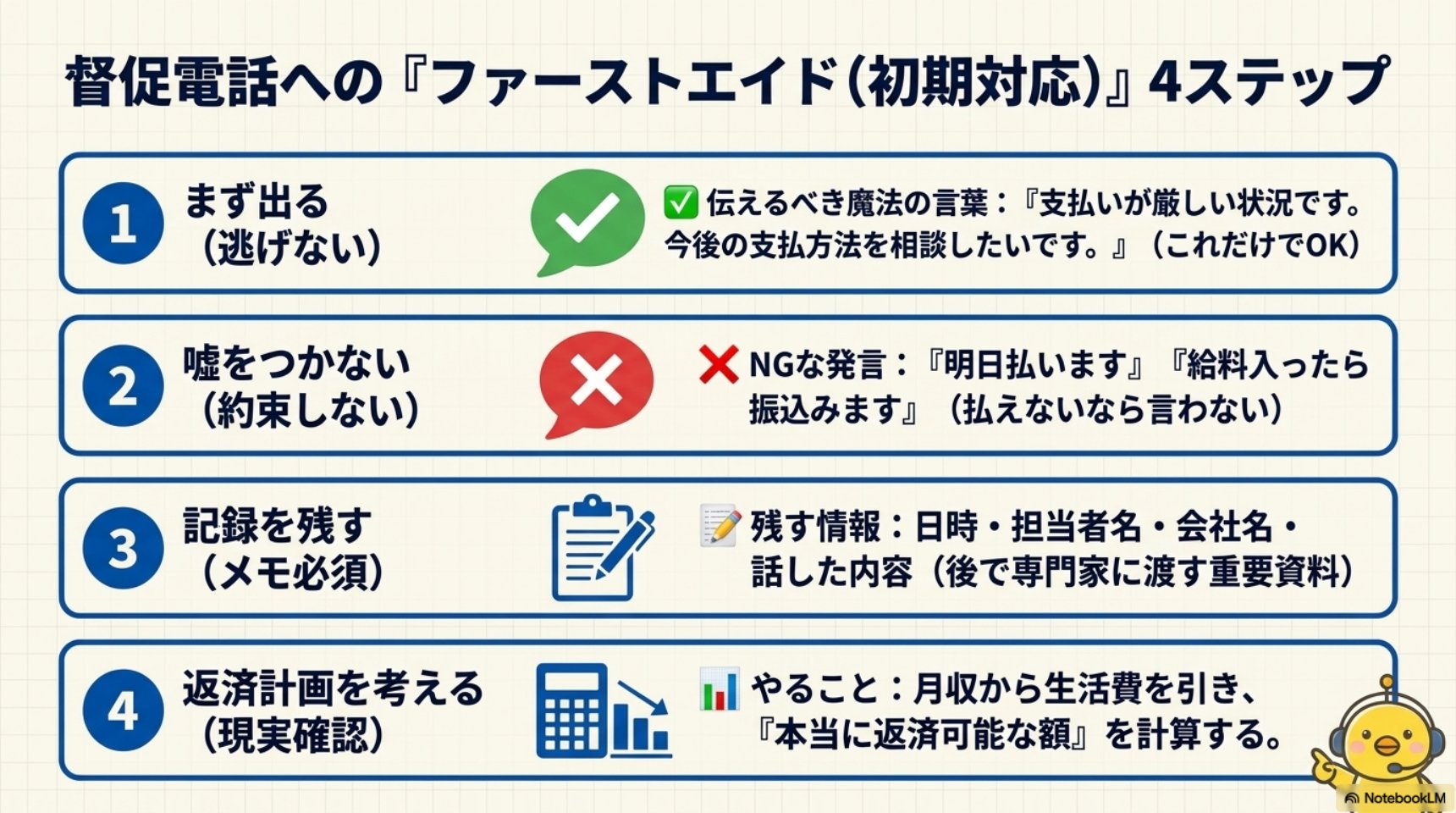 督促電話へのファーストエイド（初期対応）4ステップ。1.まず出る（逃げない）伝えるべき魔法の言葉：支払いが厳しい状況です。今後の支払方法を相談したいです。2.嘘をつかない（約束しない）NGな発言：明日払います・給料入ったら振込みます（払えないなら言わない）。3.記録を残す（メモ必須）残す情報：日時・担当者名・会社名・話した内容。4.返済計画を考える（現実確認）やること：月収から生活費を引き本当に返済可能な額を計算する。
